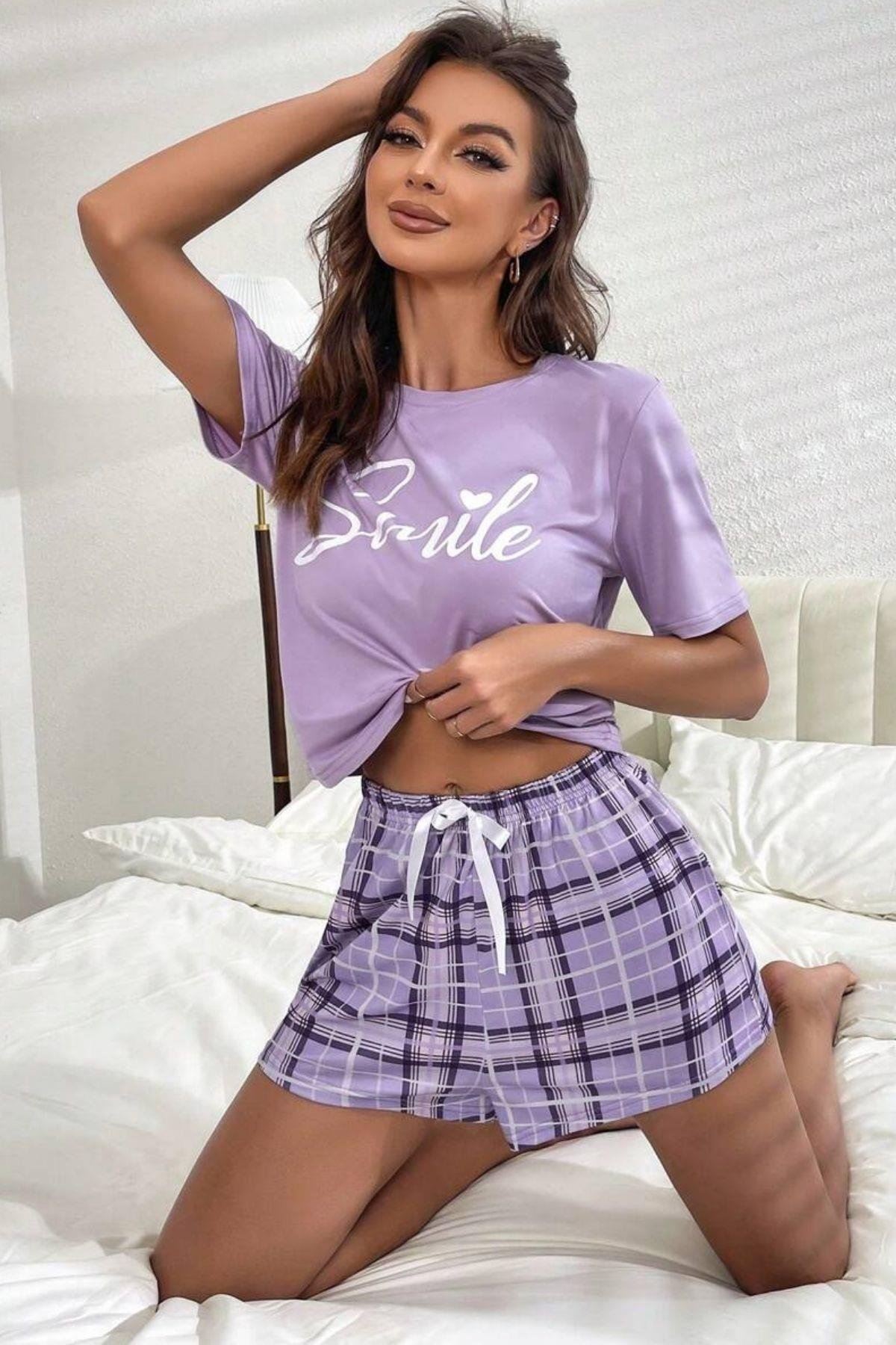 Bella Notte Lila Ekoseli Şort Takım 7530
