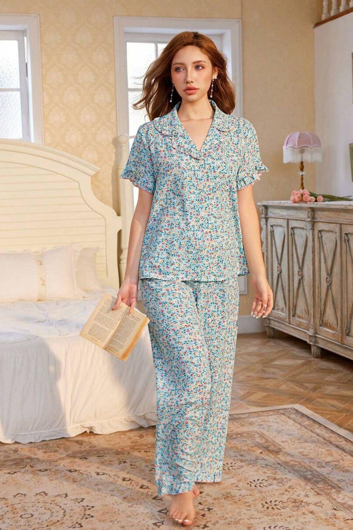 Bella Notte Mavi Çiçek Desenli V Yaka Düğmeli Pijama Takımı 7327