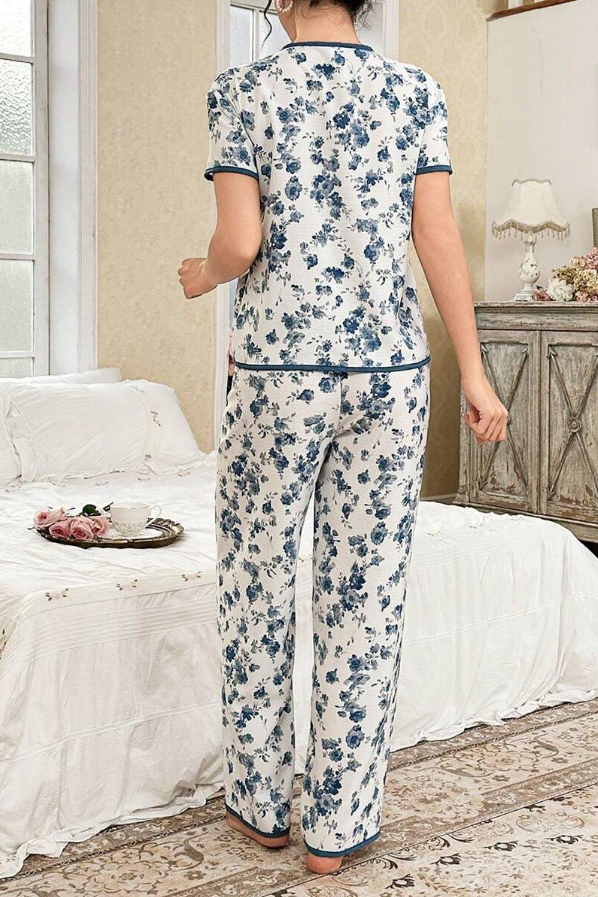 Bella Notte Mavi Çiçekli Düğme Detaylı Yazlık Pijama Takımı 7347