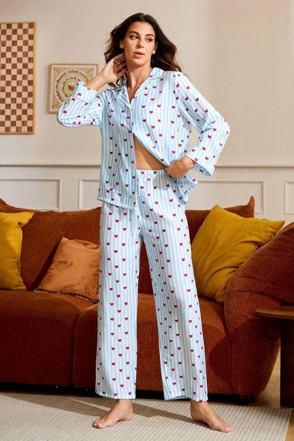 Bella Notte Mavi Minimal Kalp Baskılı Pijama Takımı 77005