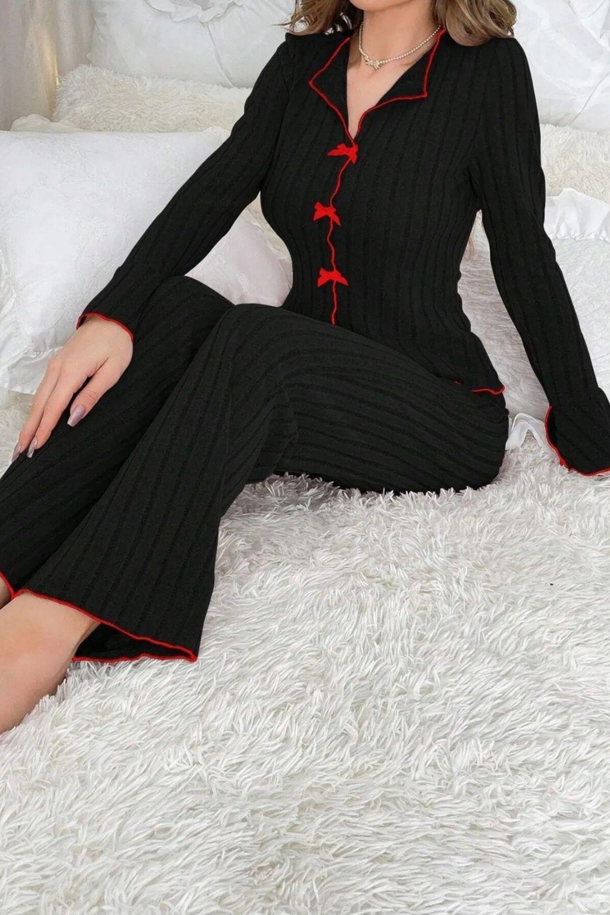 Bella Notte Pamuklu Kırmızı Fiyonk Detaylı  Pijama Takımı 7143