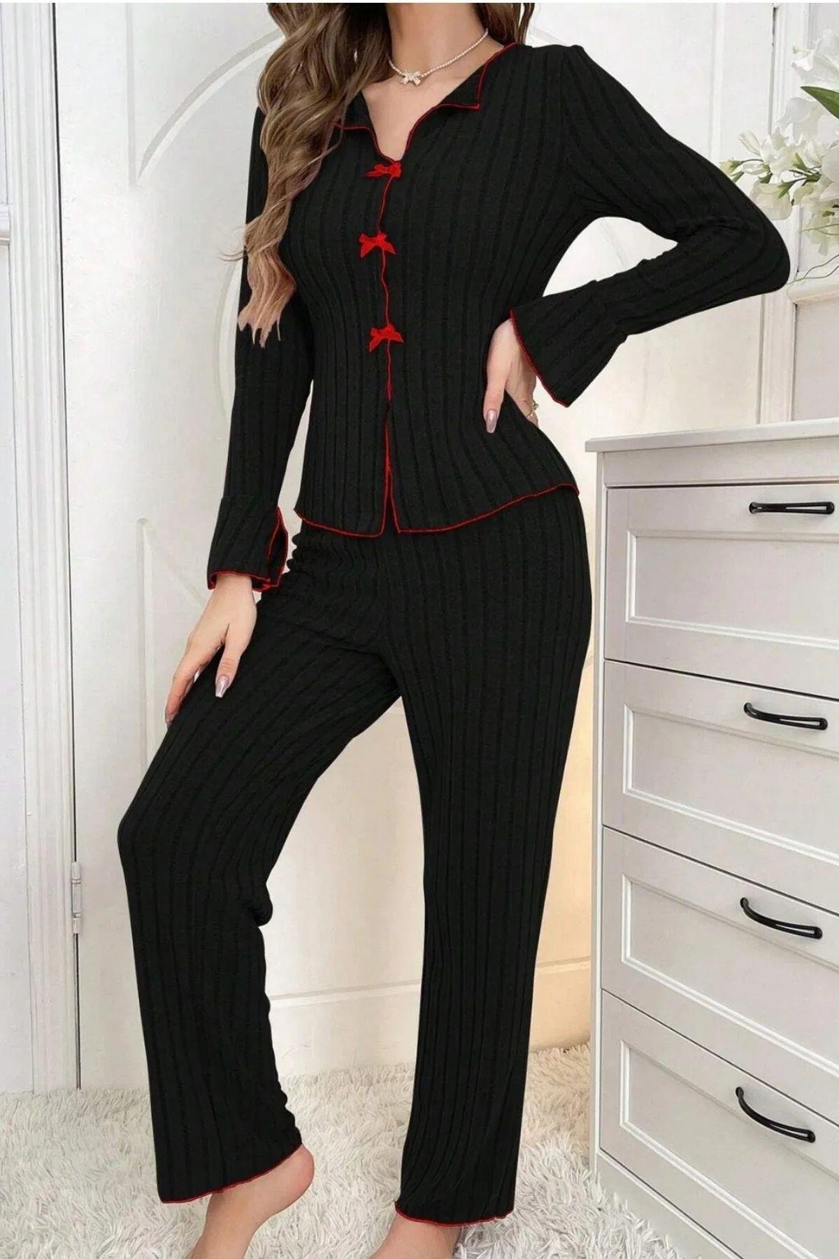 Bella Notte Pamuklu Kırmızı Fiyonk Detaylı  Pijama Takımı 7143