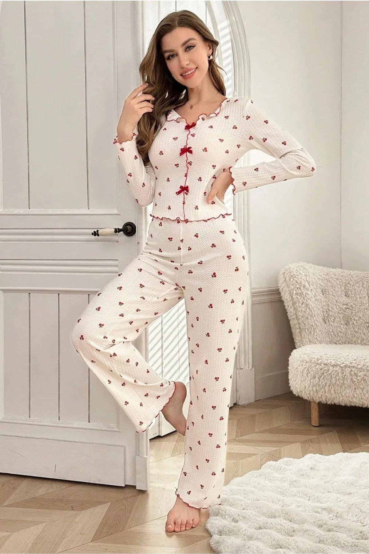 Bella Notte Pamuklu Kurdale Detaylı Kiraz Desenli Pijama Takımı 7135