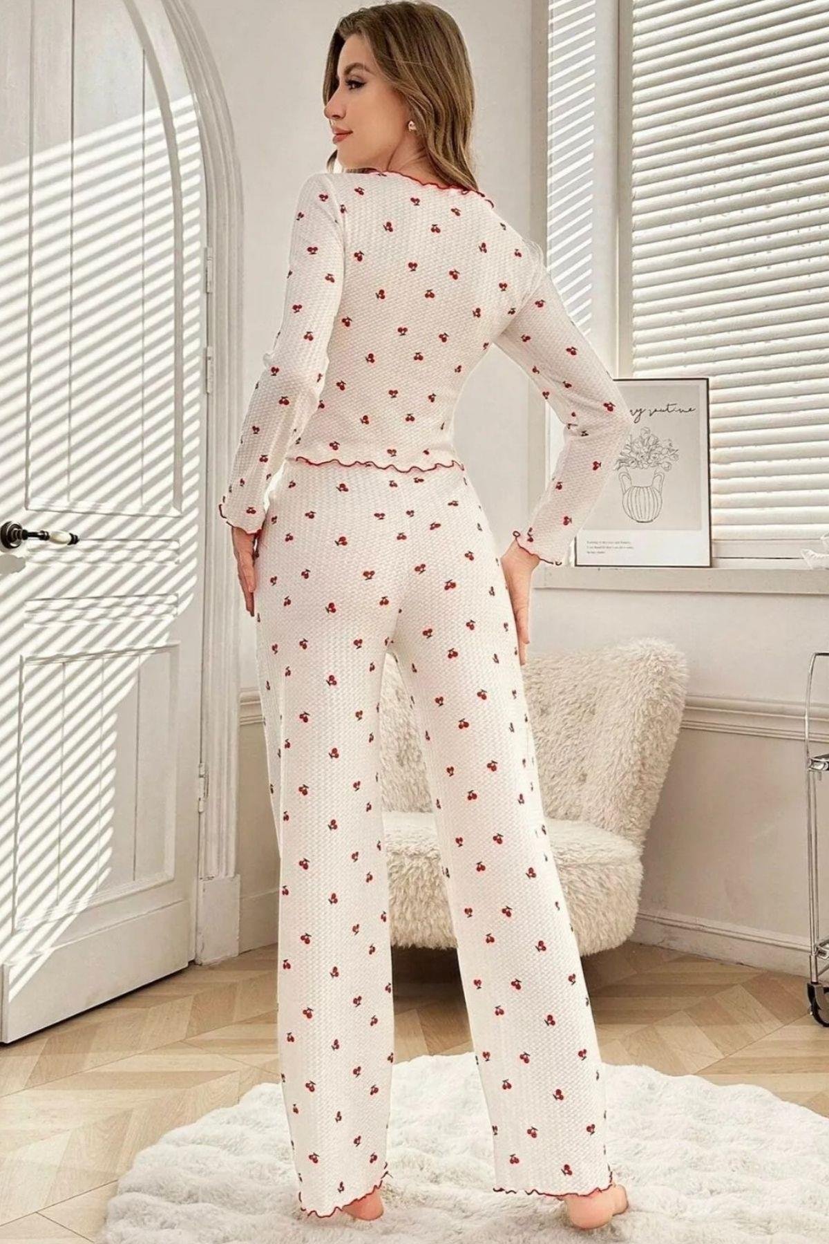 Bella Notte Pamuklu Kurdale Detaylı Kiraz Desenli Pijama Takımı 7135