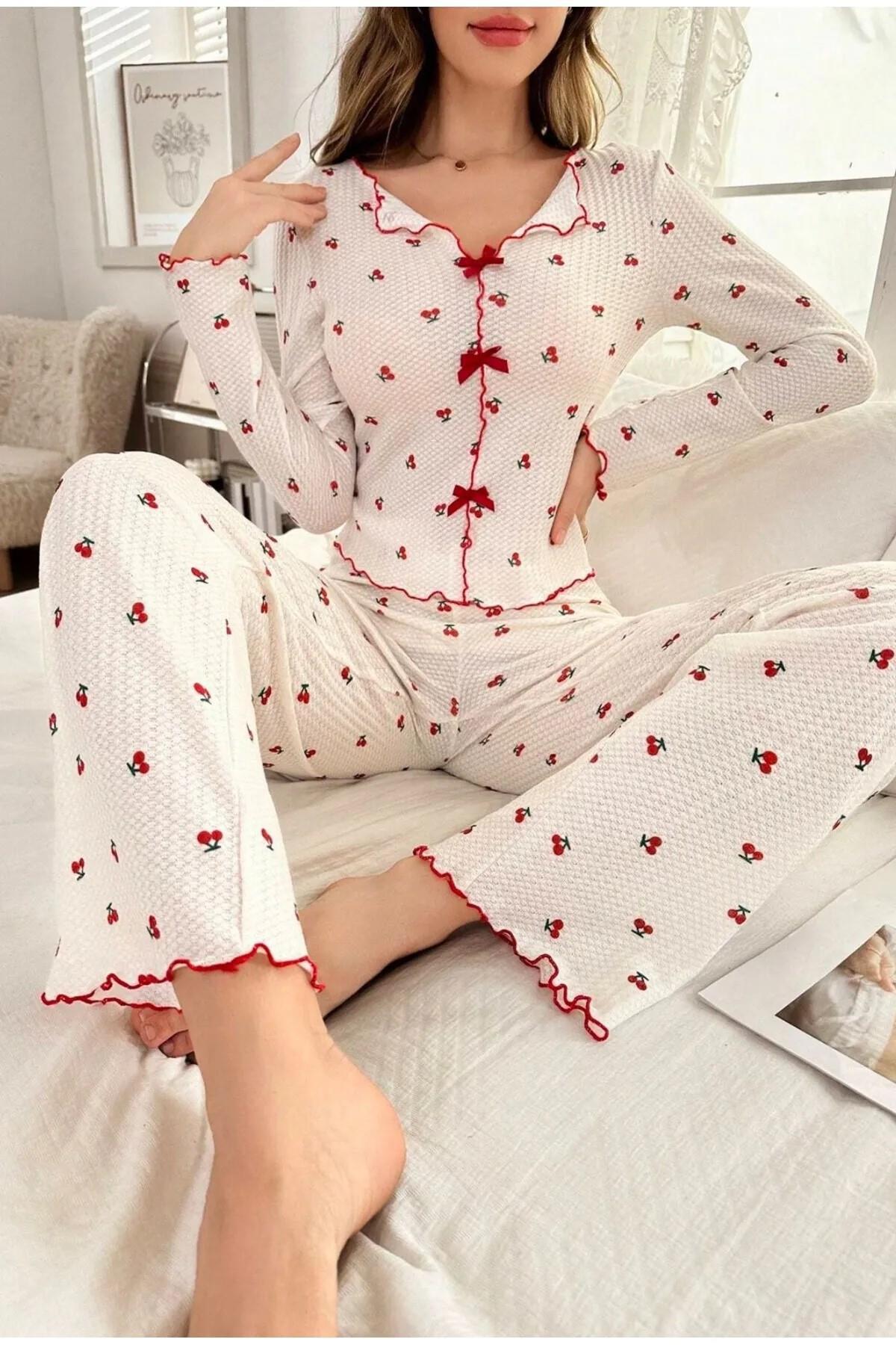 Bella Notte Pamuklu Kurdale Detaylı Kiraz Desenli Pijama Takımı 7135