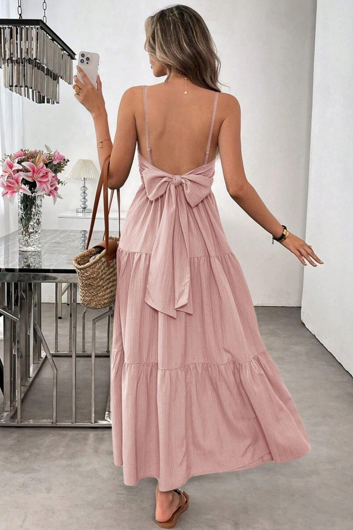 Bella Notte Pembe Askılı Bisiklet Yaka Yazlık Elbise E-5523