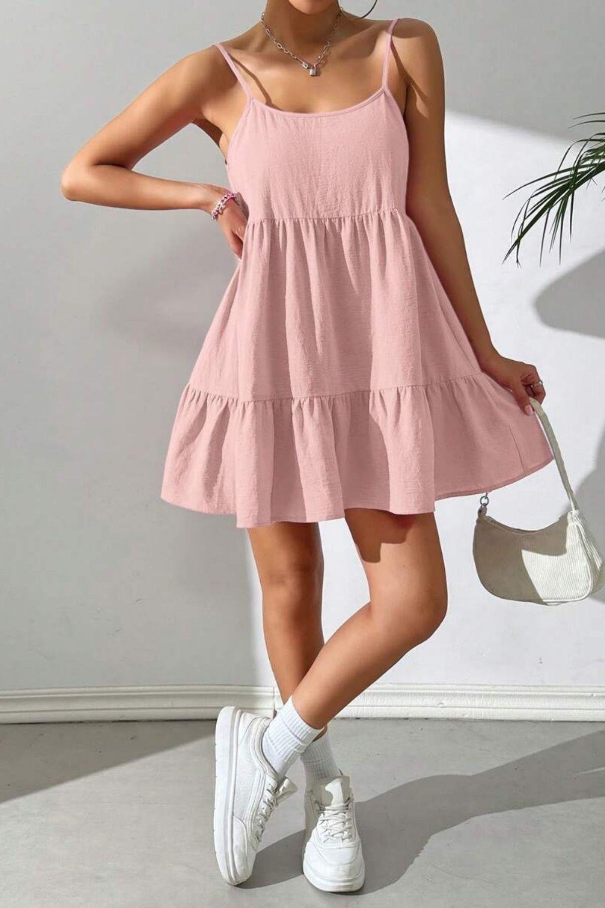 Bella Notte Pembe Askılı Salaş Model Yazlık Elbise E-5537
