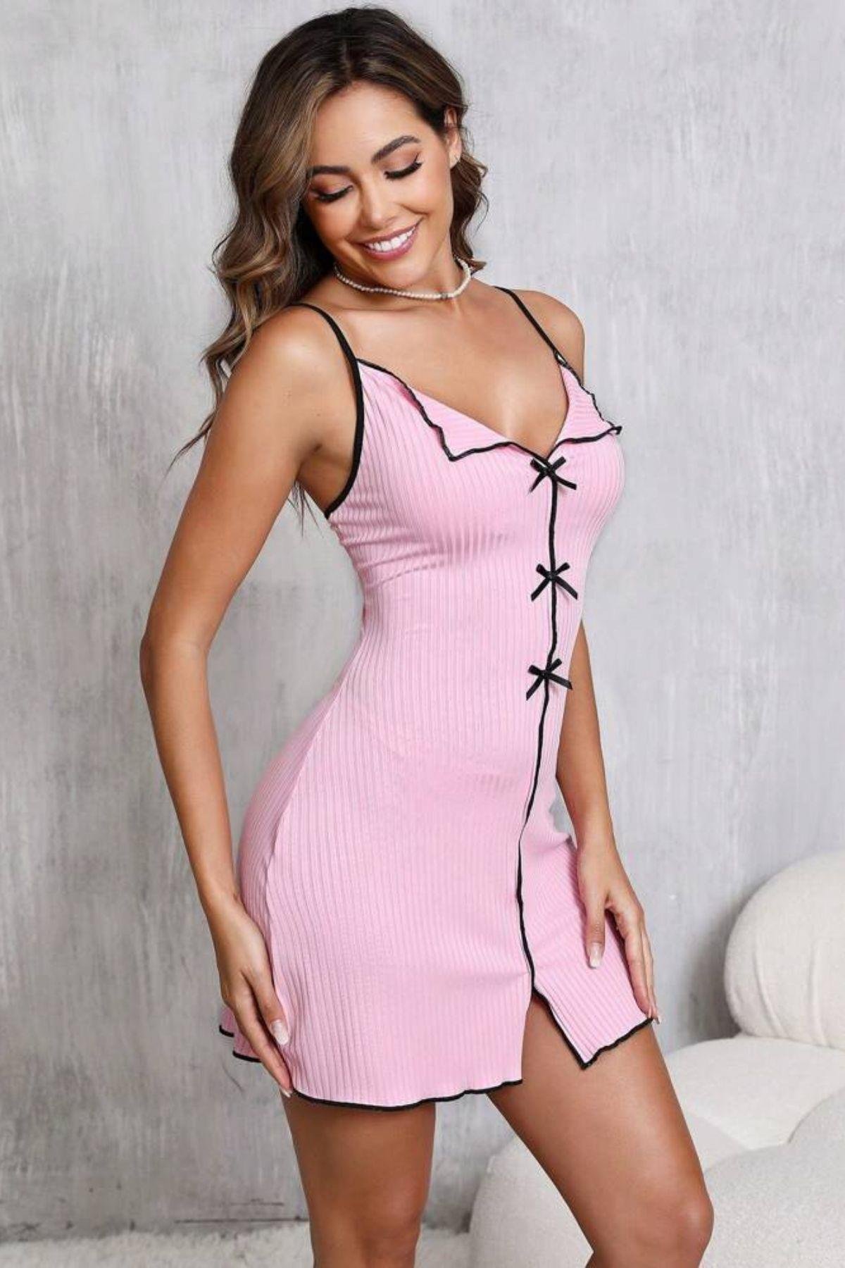 Bella Notte Pembe Askılı Slim Kesim Mini Gecelik 15975