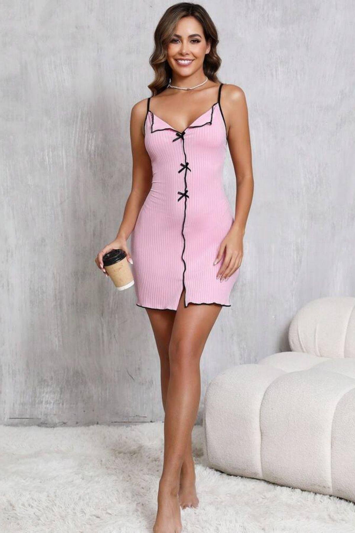 Bella Notte Pembe Askılı Slim Kesim Mini Gecelik 15975