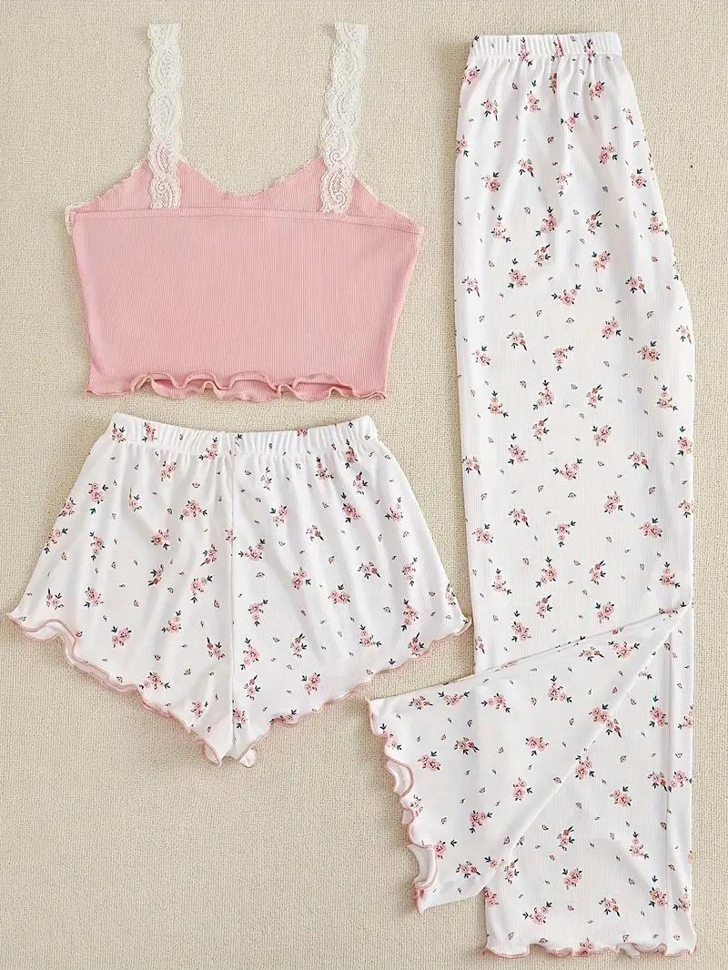 Bella Notte Pembe Çiçek Desenli 3'lü Pijama Takımı 7705