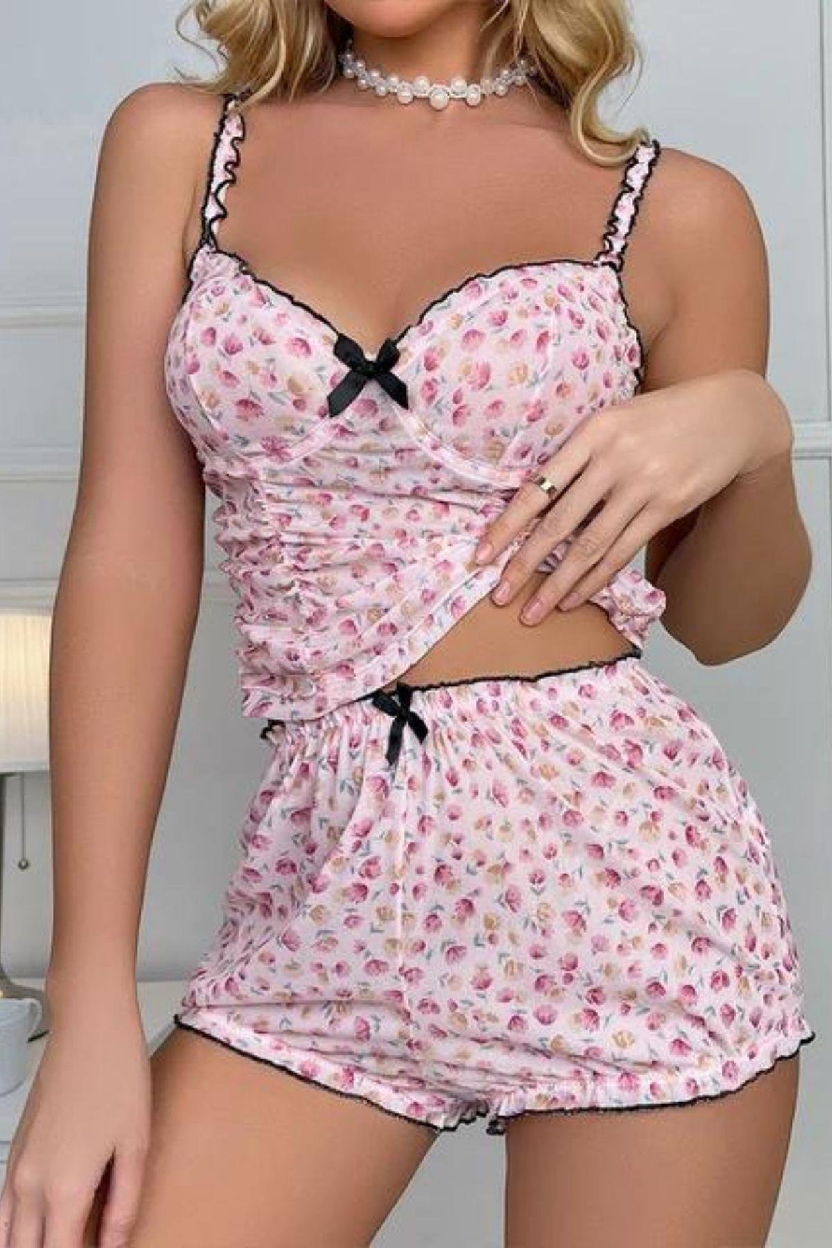 Bella Notte Pembe Çiçek Desenli Balenli Şort Takım 7521
