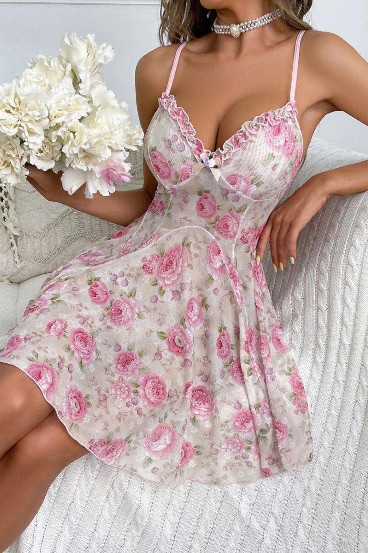 Bella Notte Pembe Çiçek Desenli Fırfırlı Gecelik 15707