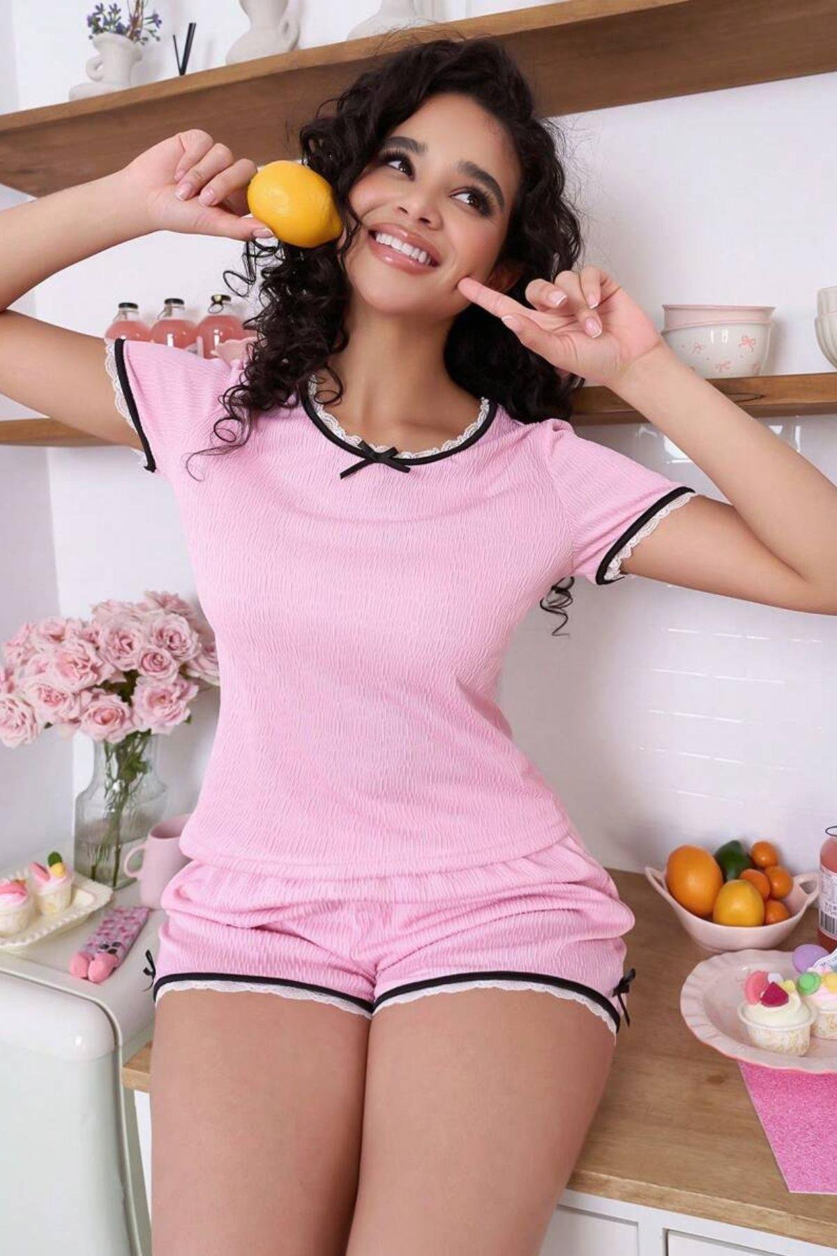 Bella Notte Pembe Dantel Kenarlı Kısa Kollu Şort Takım 7719