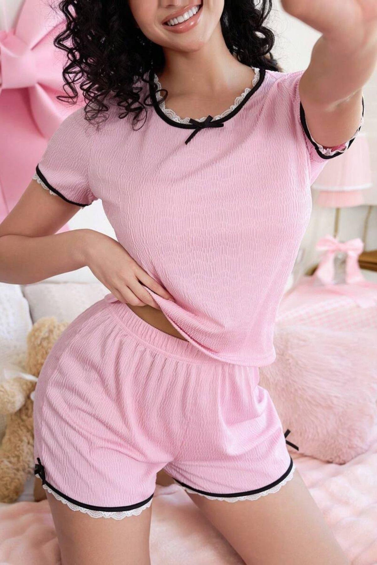 Bella Notte Pembe Dantel Kenarlı Kısa Kollu Şort Takım 7719