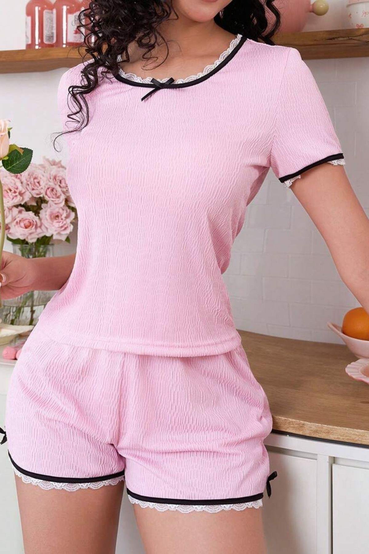 Bella Notte Pembe Dantel Kenarlı Kısa Kollu Şort Takım 7719