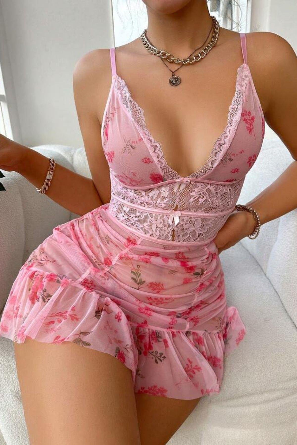 Bella Notte Pembe Derin Dekolteli Gecelik 15564