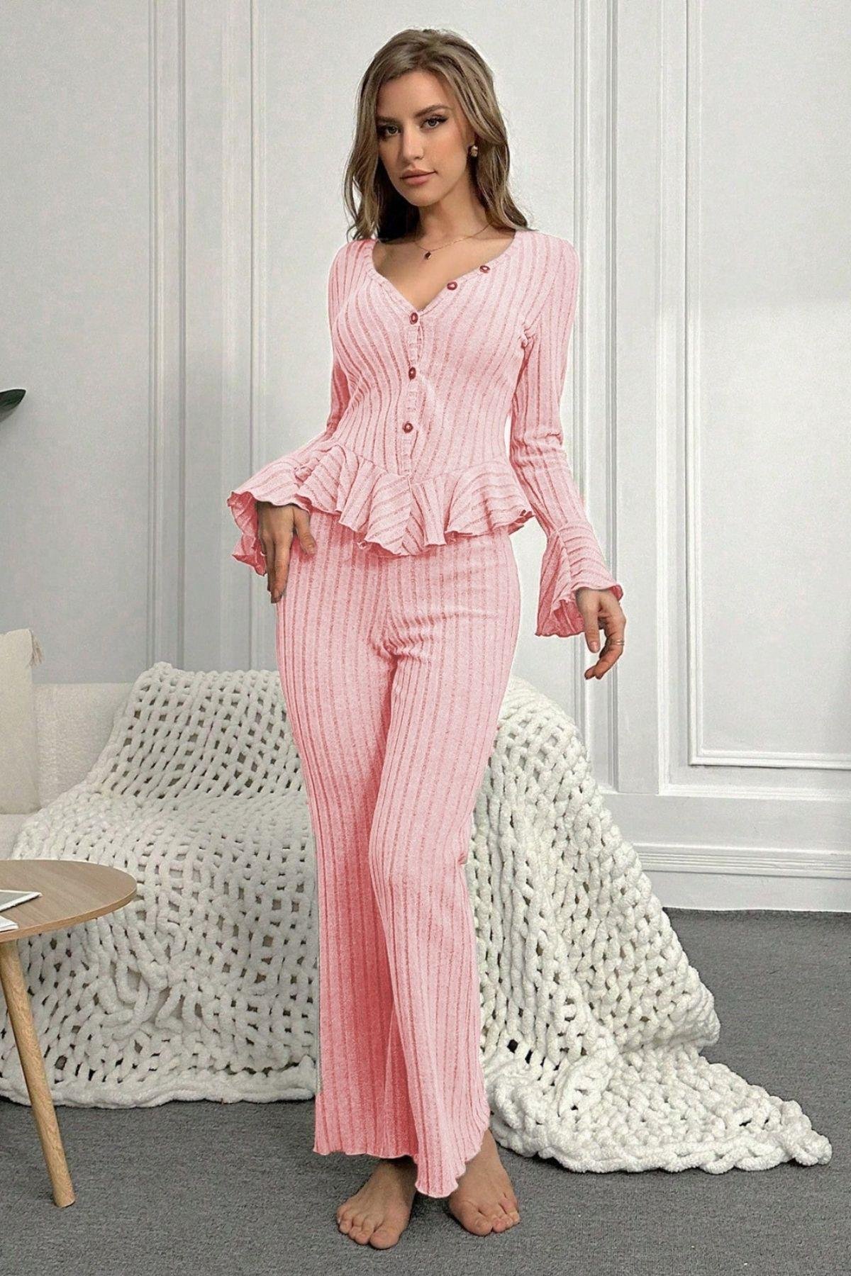 Bella Notte Pembe İspanyol Kol Pamuklu Pijama Takımı 7051