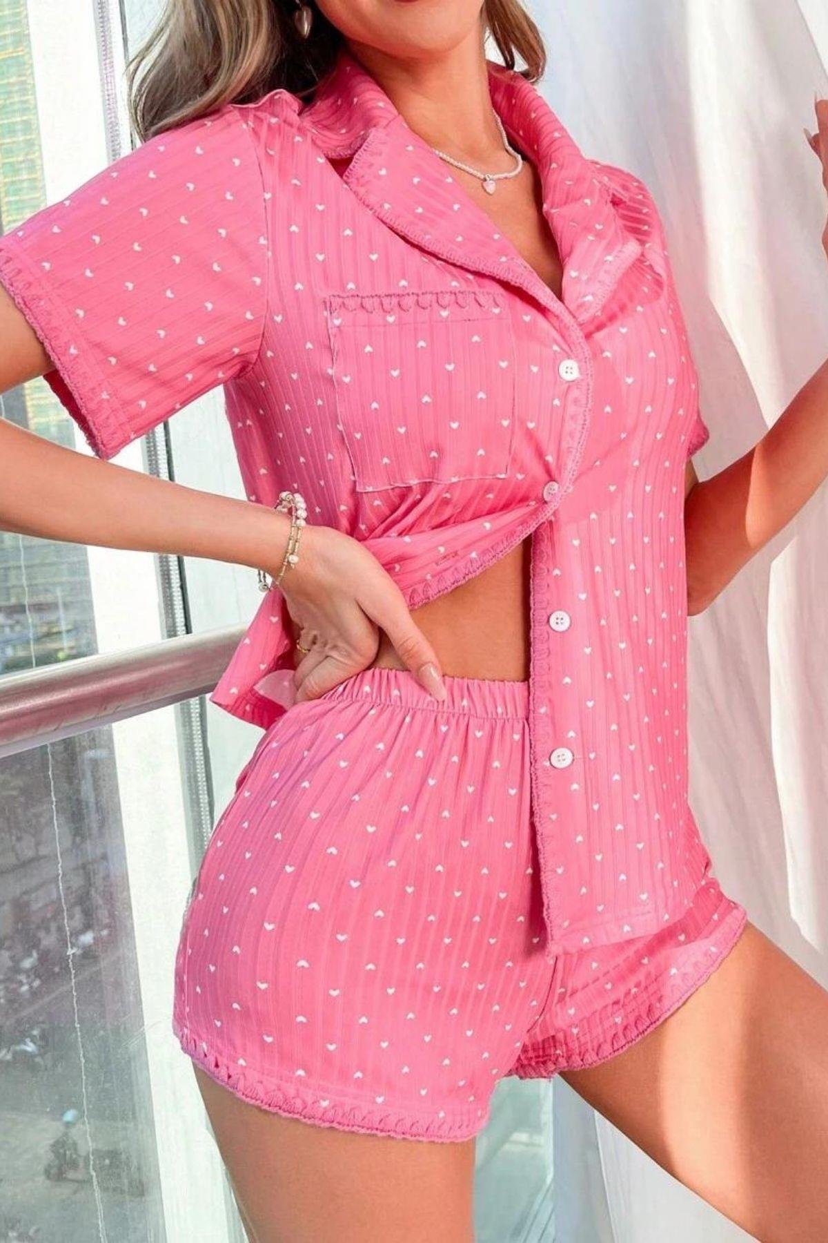Bella Notte Pembe Kalp Desenli Şort Takım 7552