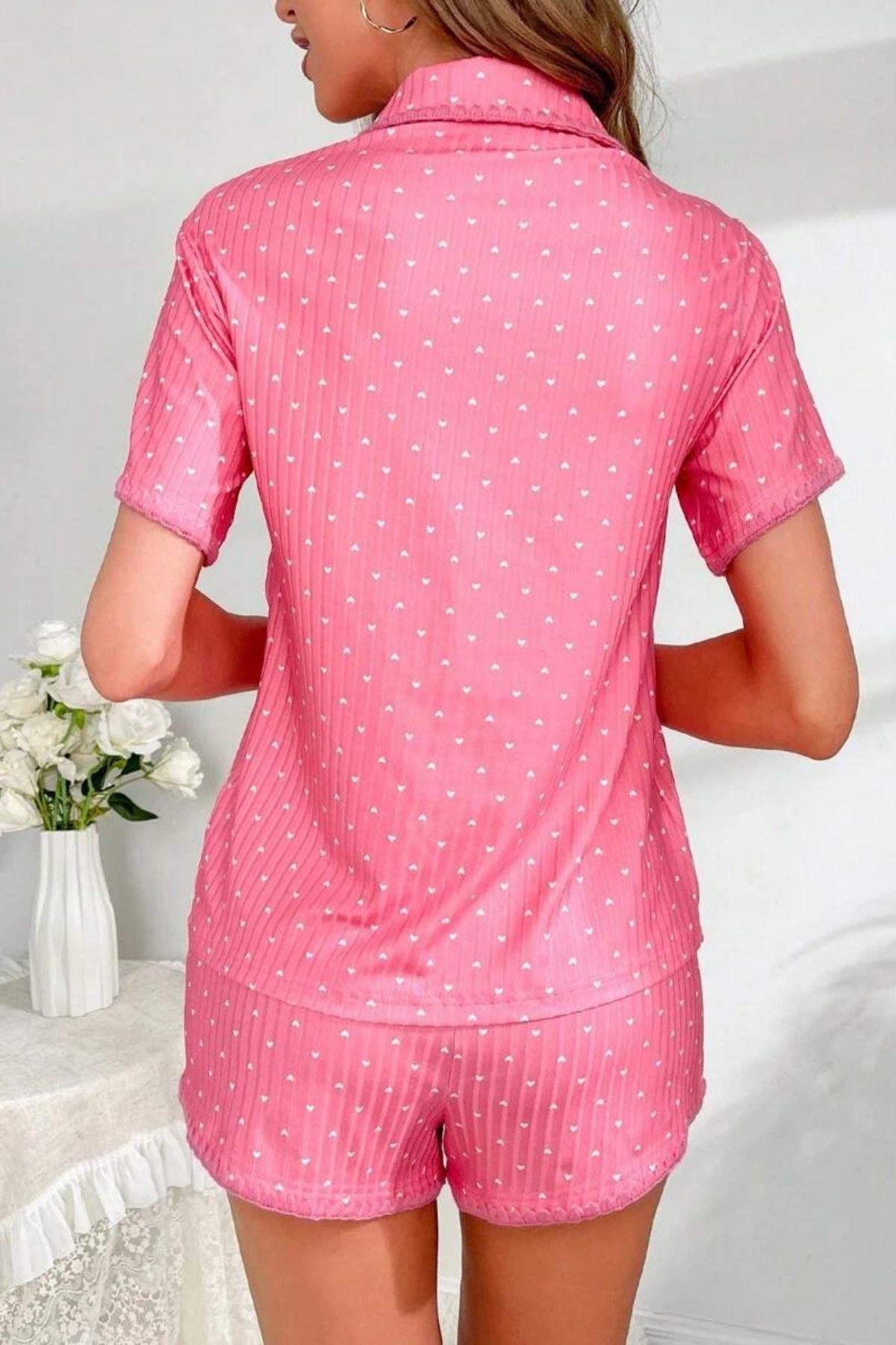Bella Notte Pembe Kalp Desenli Şort Takım 7552