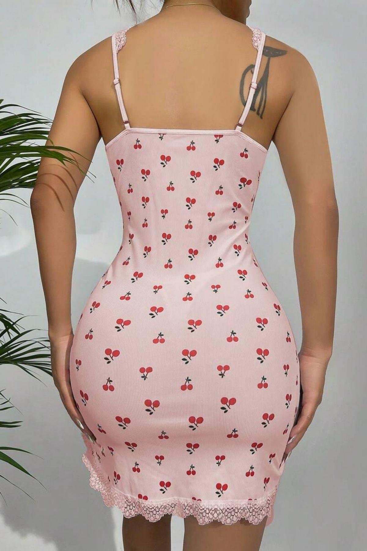 Bella Notte Pembe Kiraz Aşkı Asimetrik Dekolte Gecelik 15715