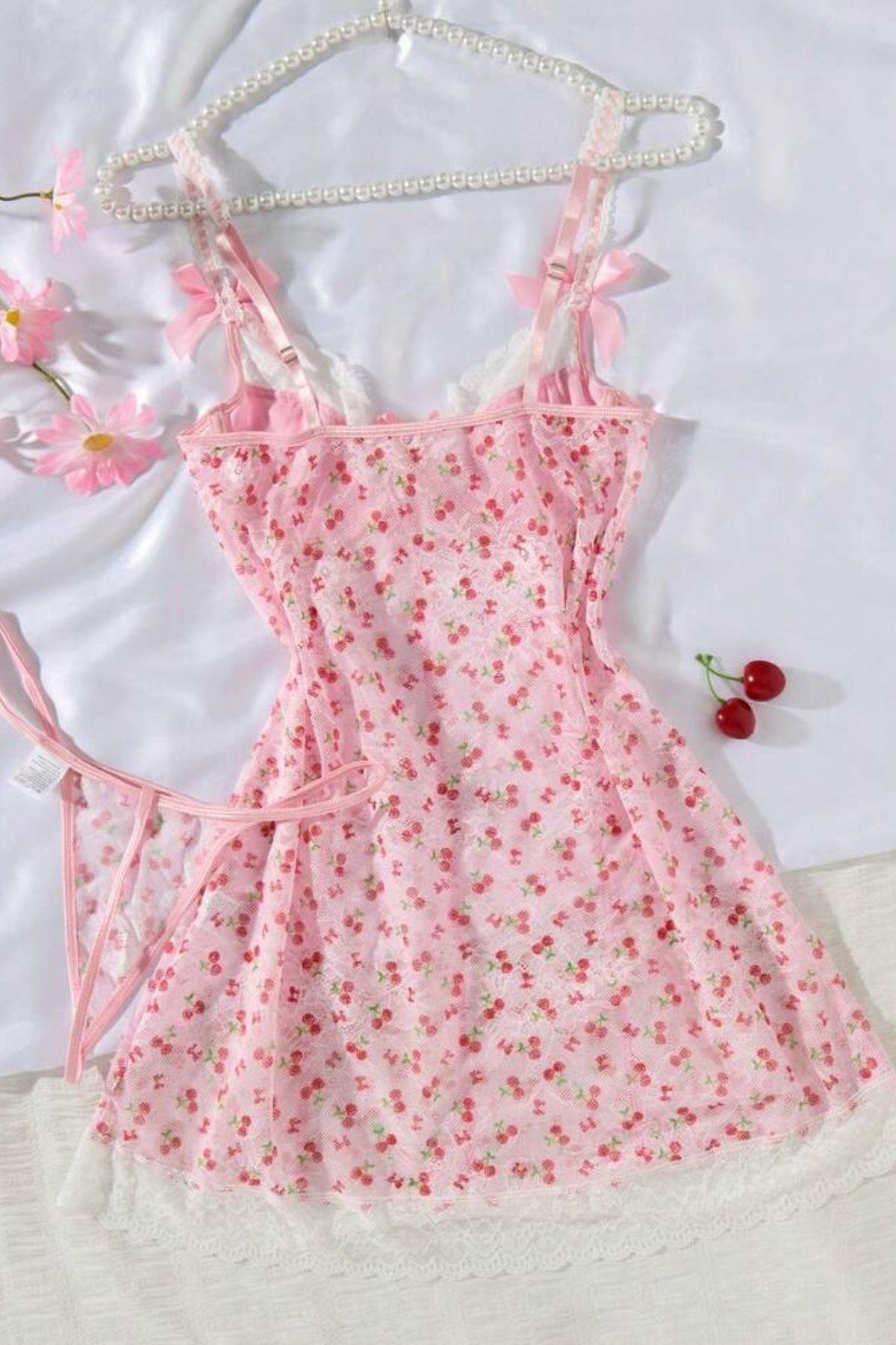 Bella Notte Pembe Kiraz Baskılı Dantelli Fransız Gecelik 35517