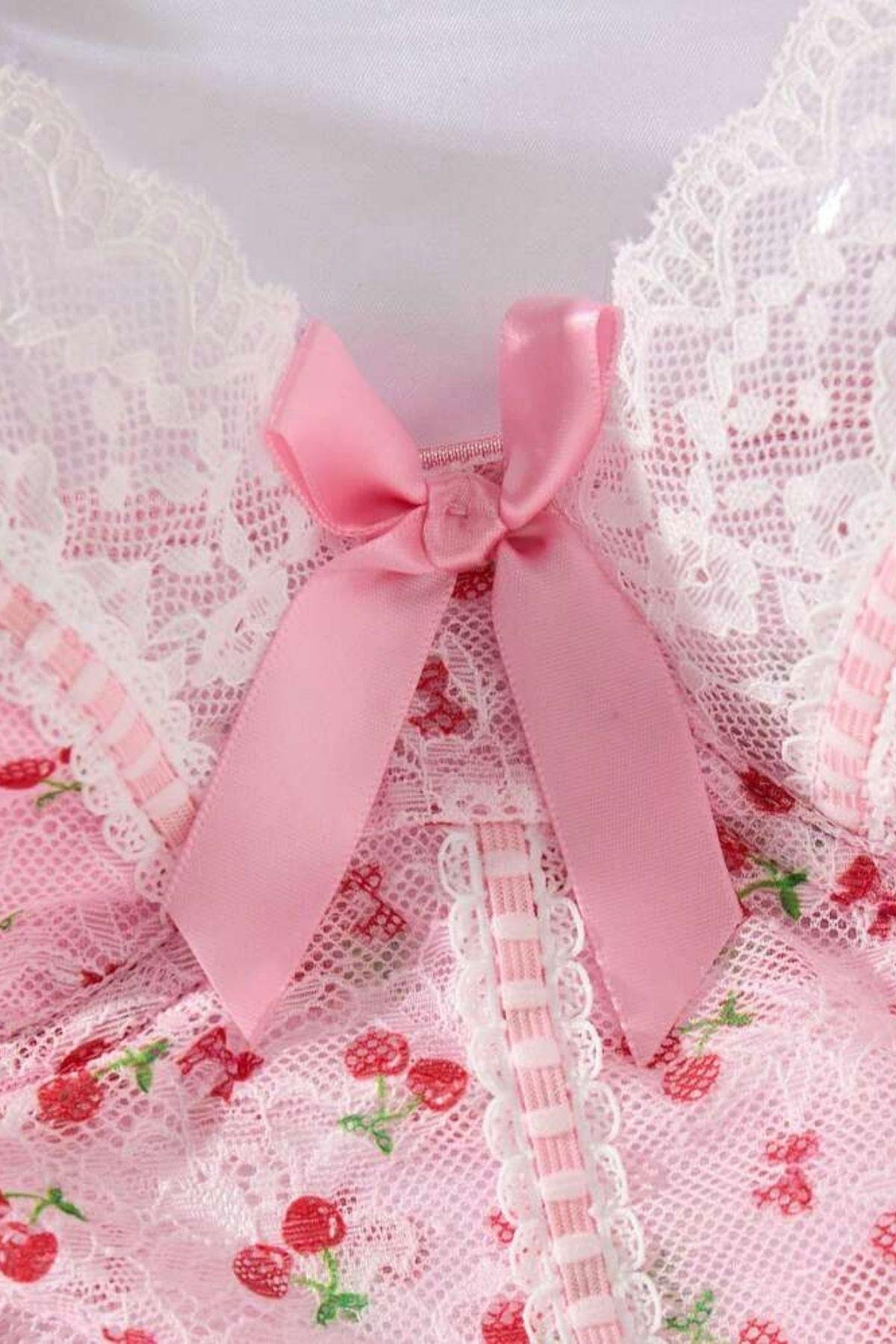 Bella Notte Pembe Kiraz Baskılı Dantelli Fransız Gecelik 35517