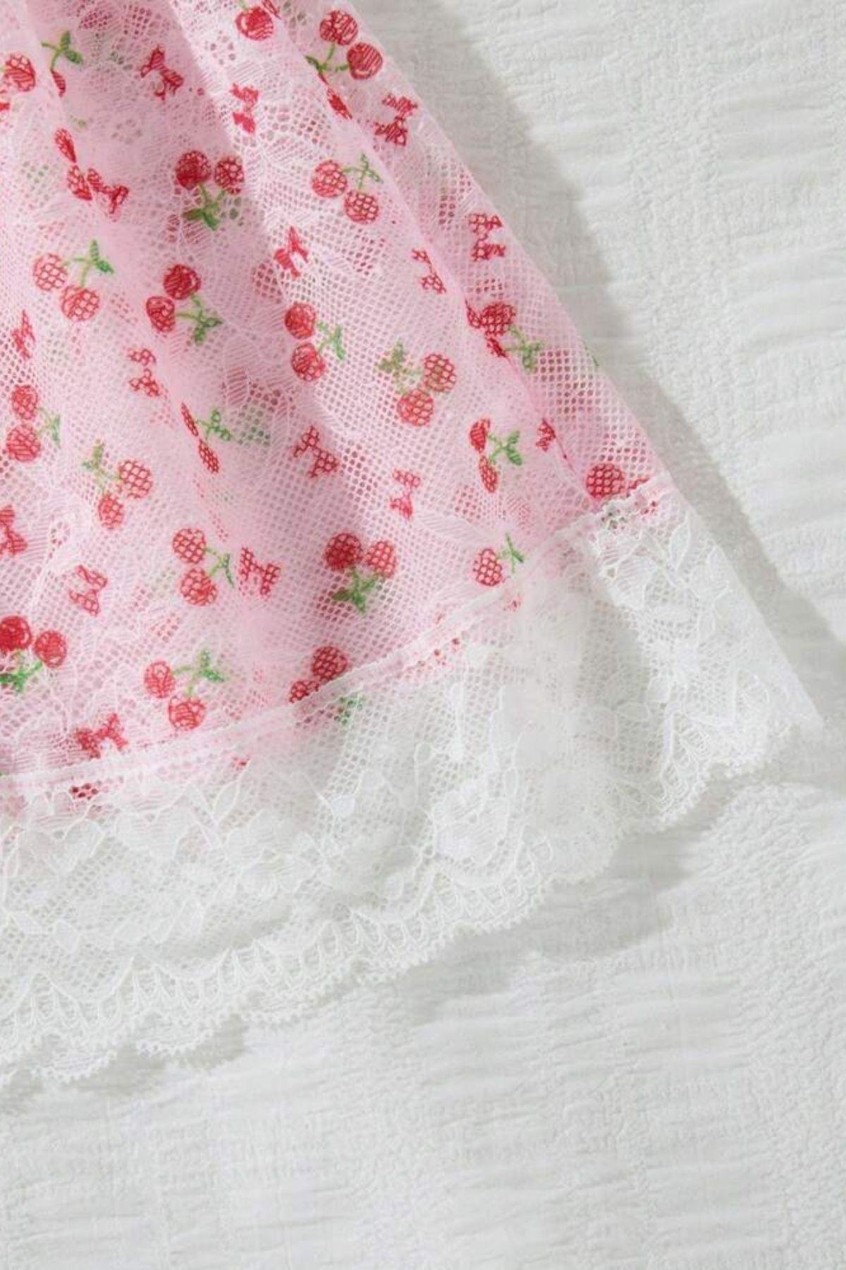 Bella Notte Pembe Kiraz Baskılı Dantelli Fransız Gecelik 35517