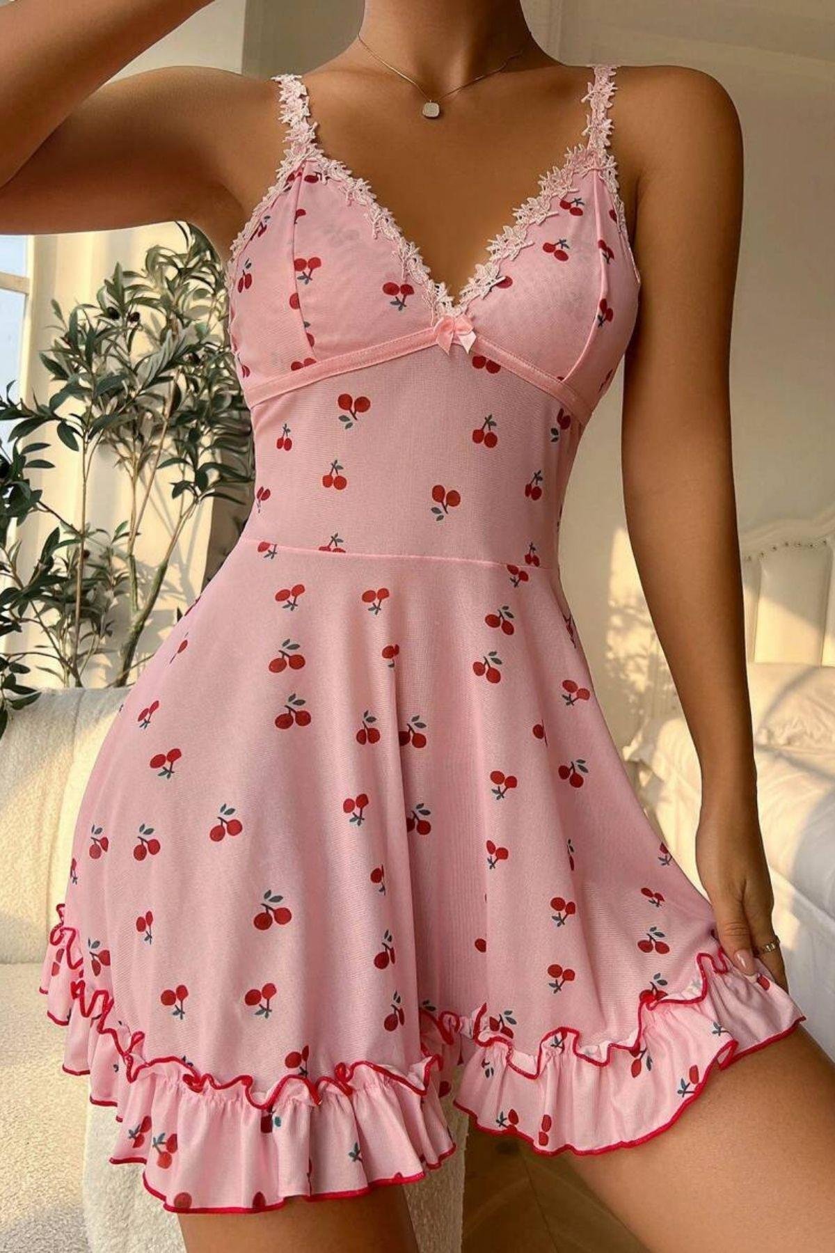 Bella Notte Pembe Kiraz Desenli Askılı Gecelik 15565