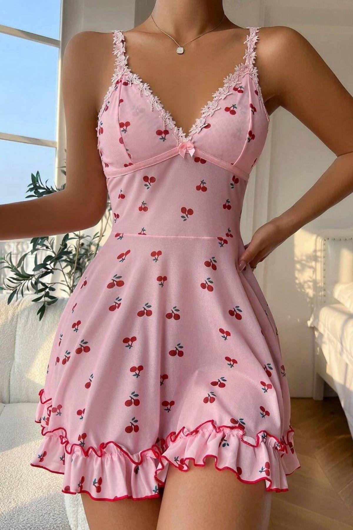 Bella Notte Pembe Kiraz Desenli Askılı Gecelik 15565