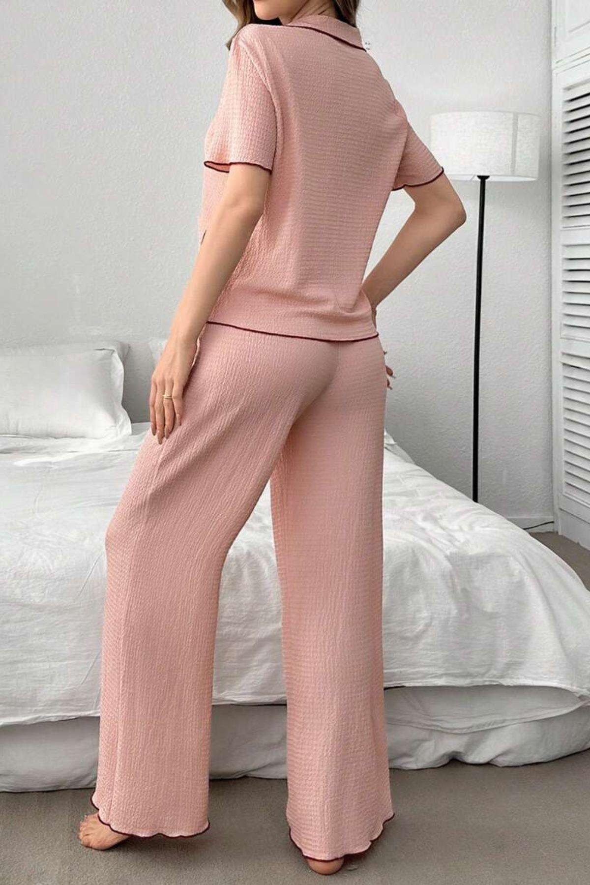 Bella Notte Pembe Kiraz Detaylı Cepli Pijama Takımı 7329