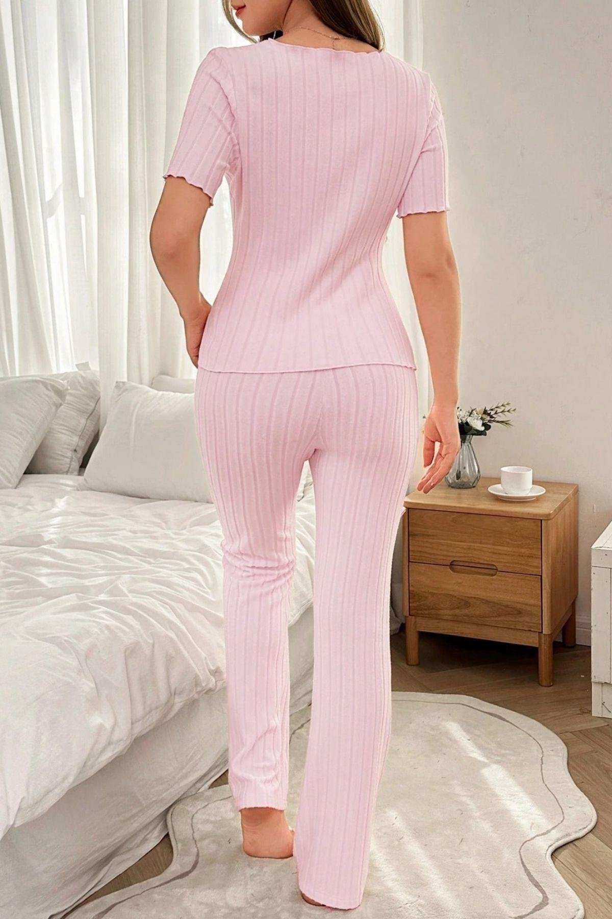 Bella Notte Pembe Pamuklu Önden Yırtmaçlı Pijama Takımı 7151
