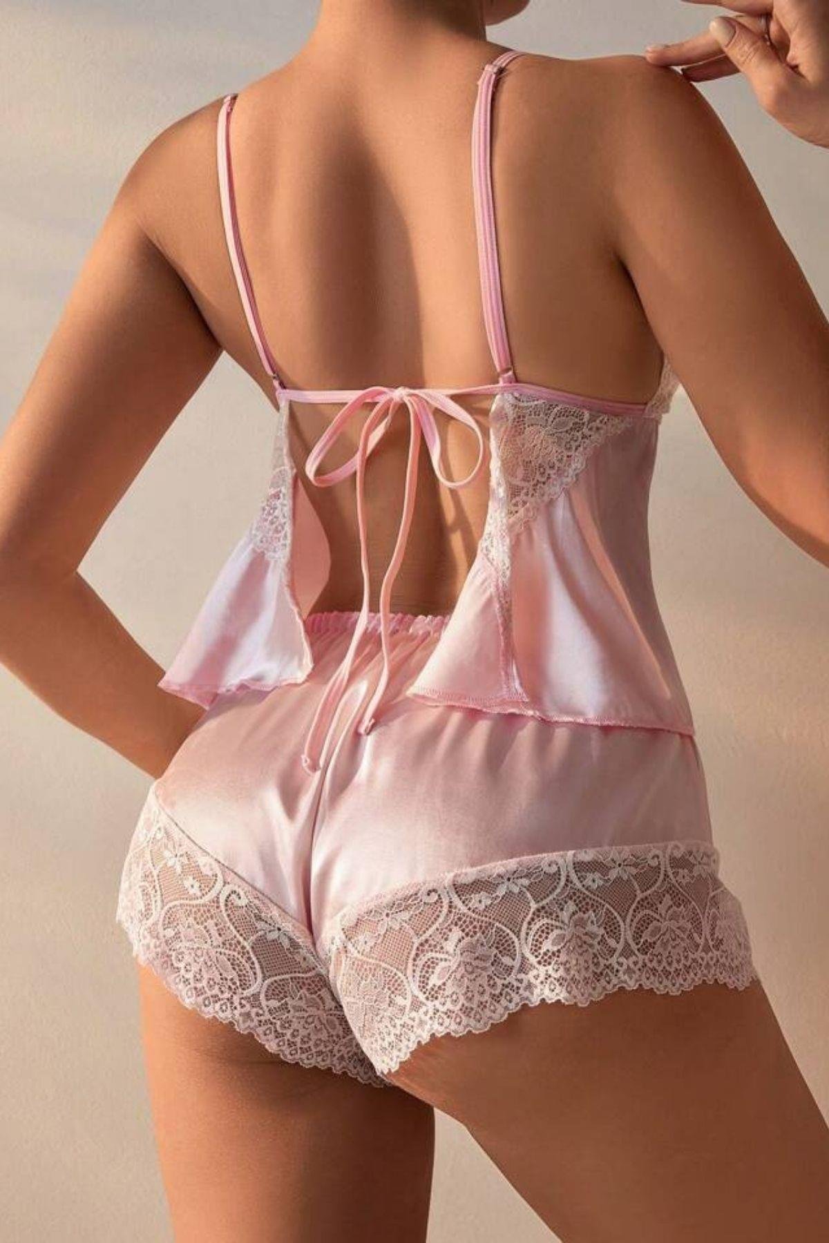 Bella Notte Pembe Saten Göbek Dekolteli Şort Takım 7538