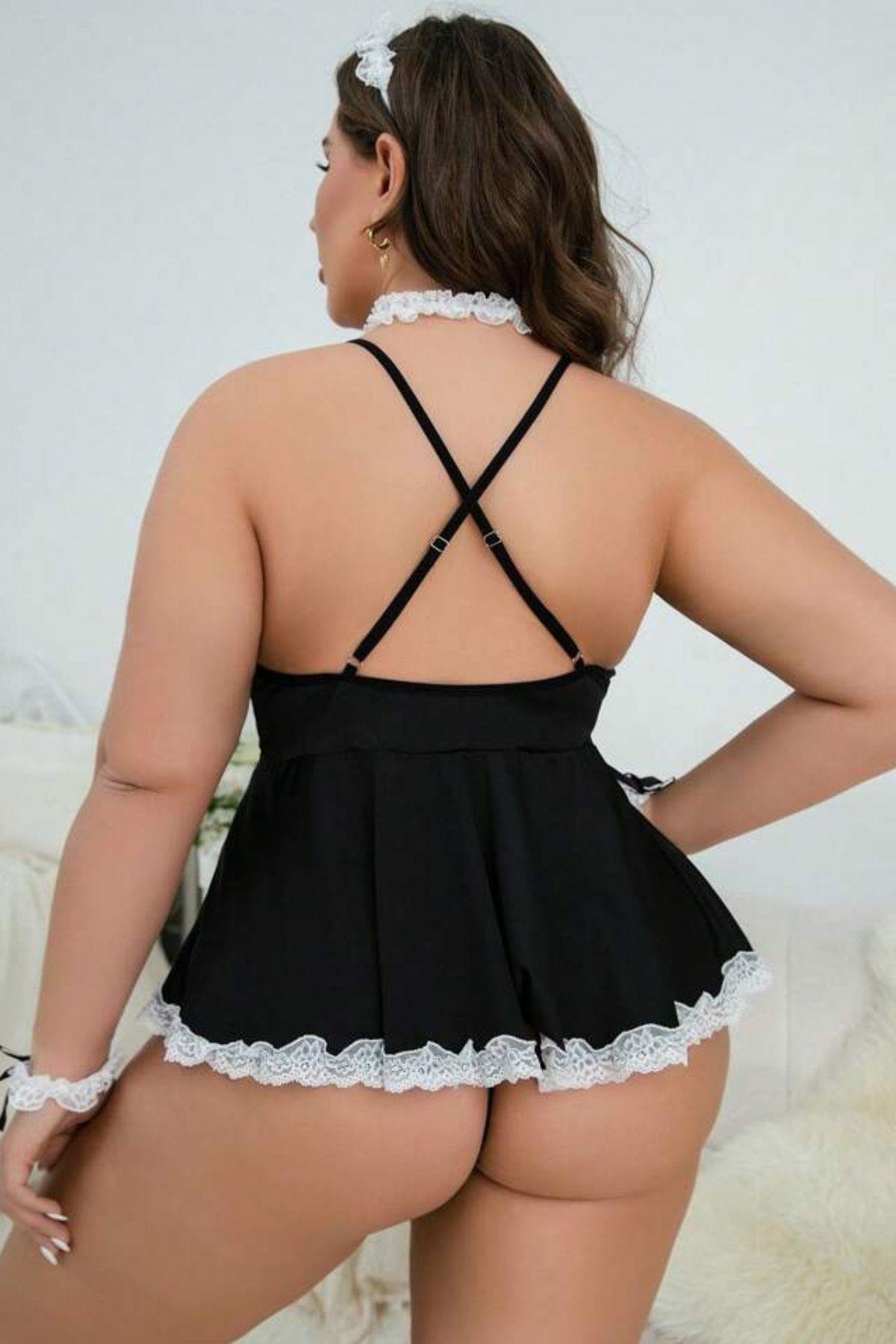 Bella Notte Siyah Aksesuarlı Büyük Beden Hizmetçi Kostüm Gecelik PR17016