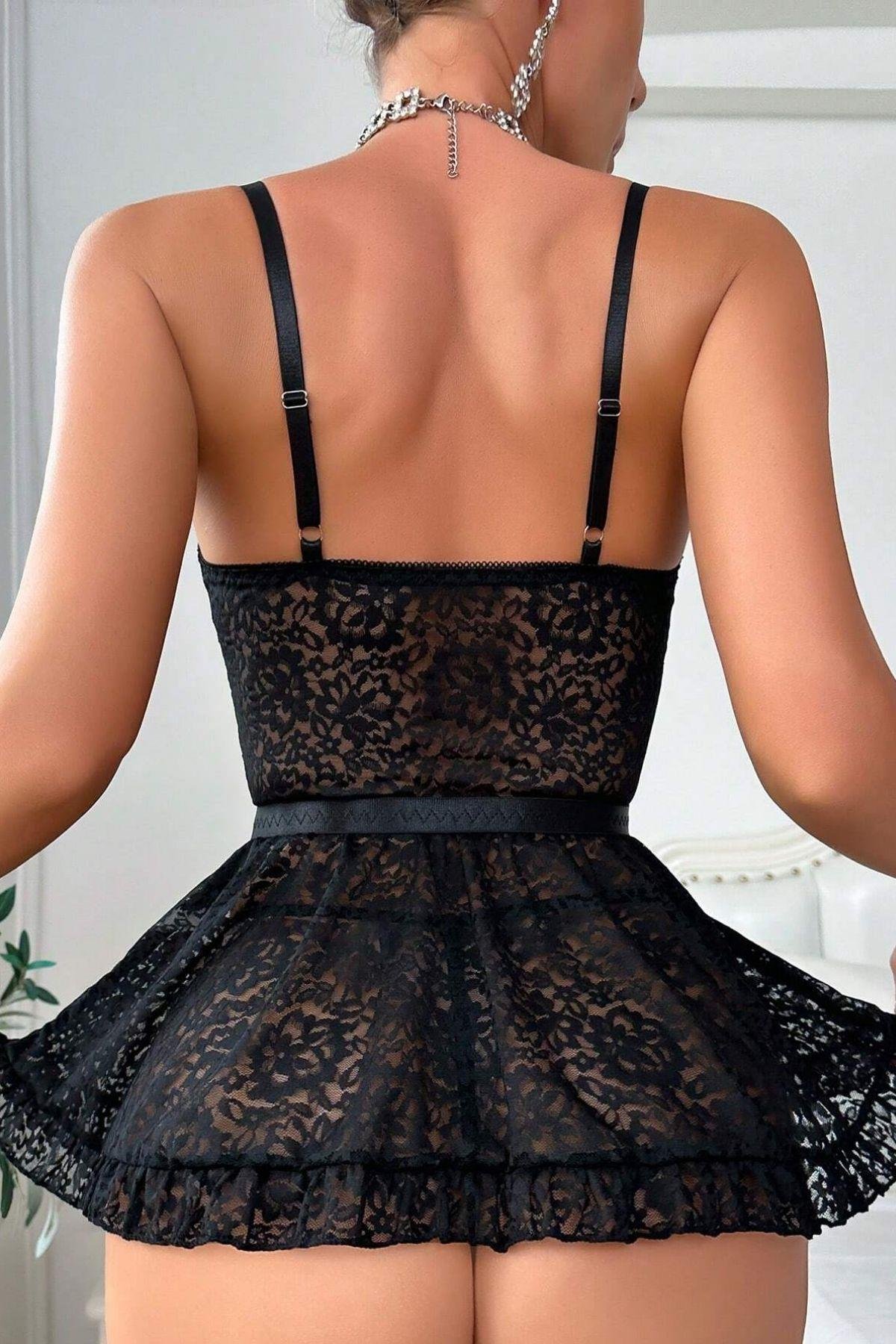 Bella Notte Siyah Askılı Dantelli Gecelik 15745