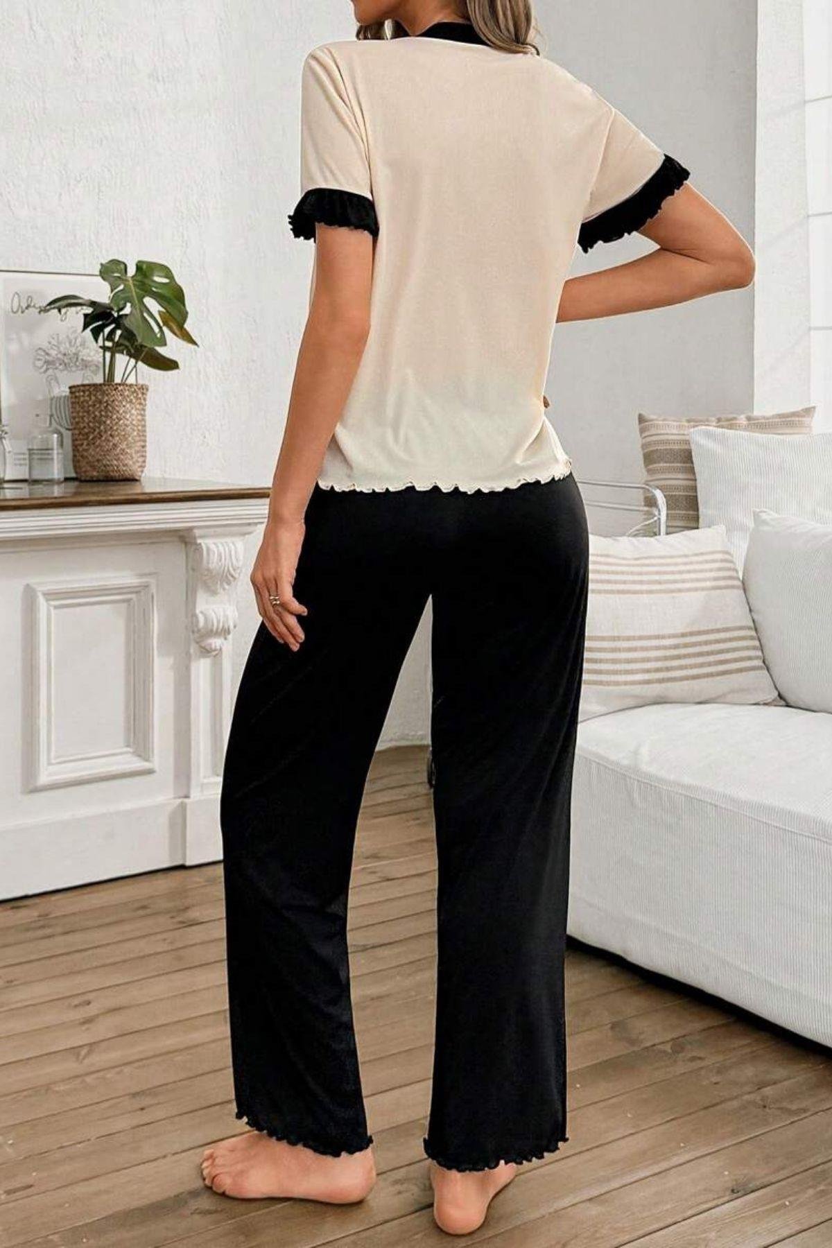 Bella Notte Siyah-Bej Düğmeli Kısa Kollu Pijama Takım 7389