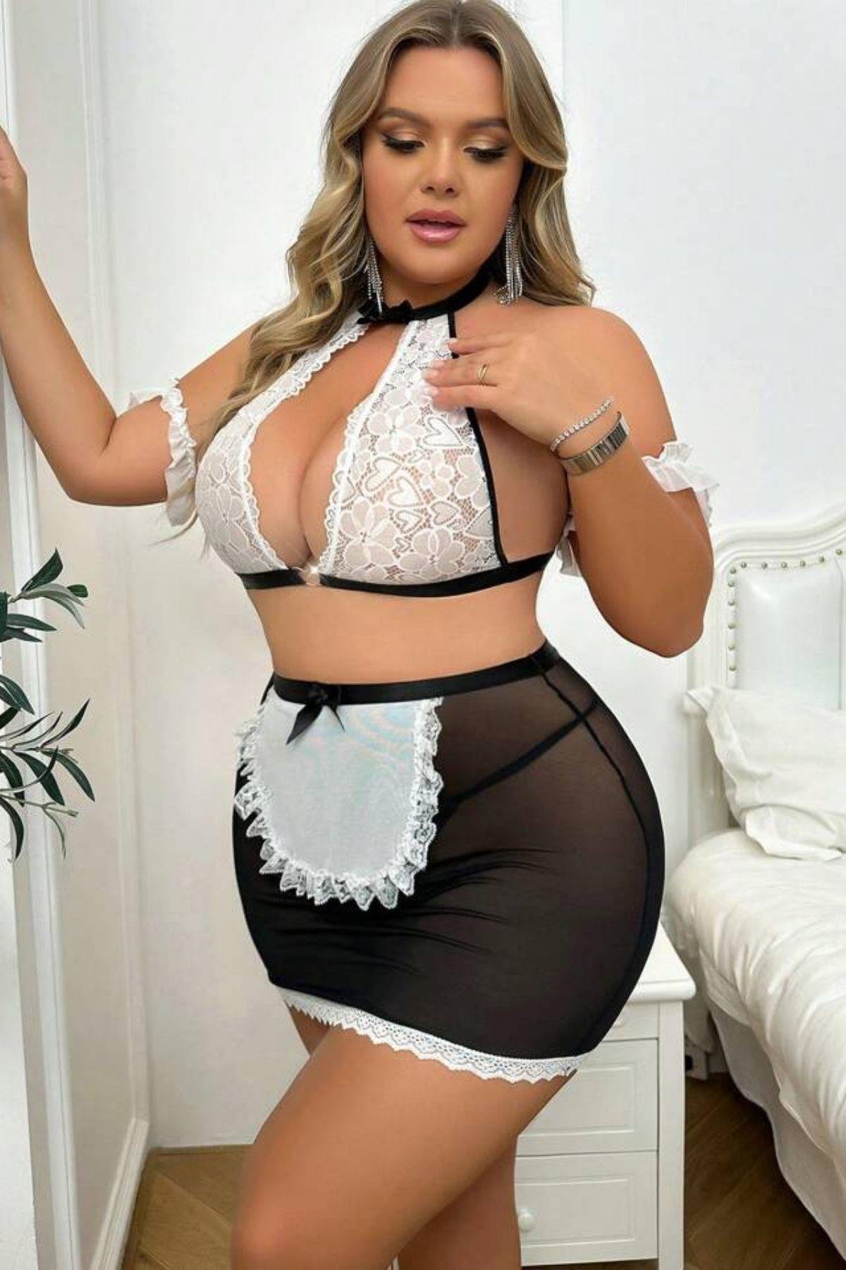 Bella Notte Siyah Beyaz Büyük Beden Hizmetçi Gecelik PR17018