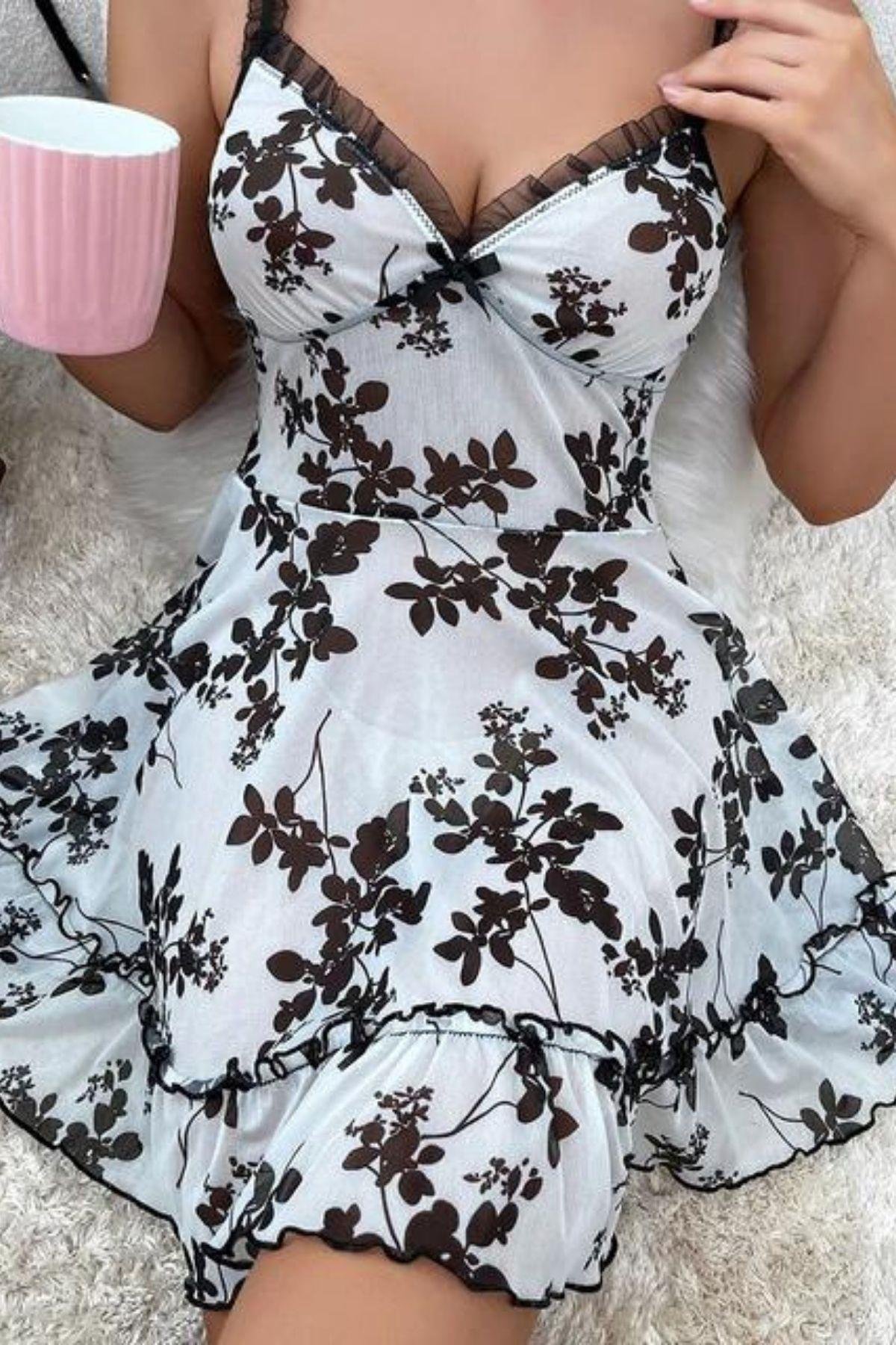 Bella Notte Siyah-Beyaz Desenli Askılı Gecelik 15701