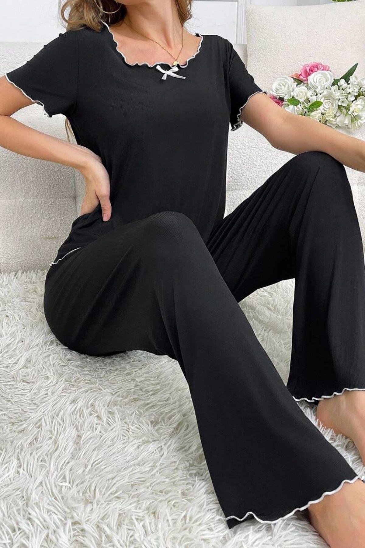 Bella Notte Siyah Bisiklet Yaka Pamuklu Yazlık Pijama Takımı 7343
