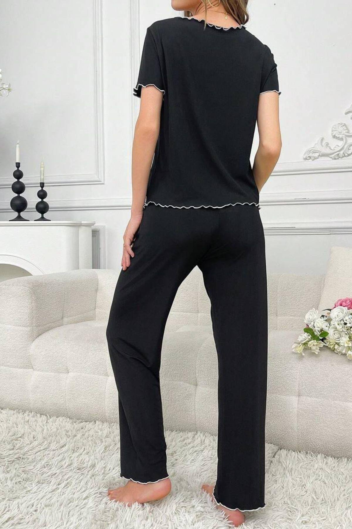 Bella Notte Siyah Bisiklet Yaka Pamuklu Yazlık Pijama Takımı 7343