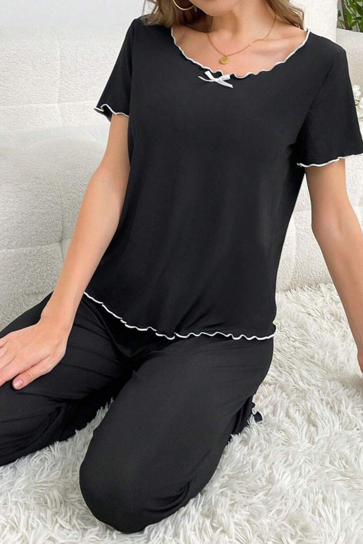 Bella Notte Siyah Bisiklet Yaka Pamuklu Yazlık Pijama Takımı 7343