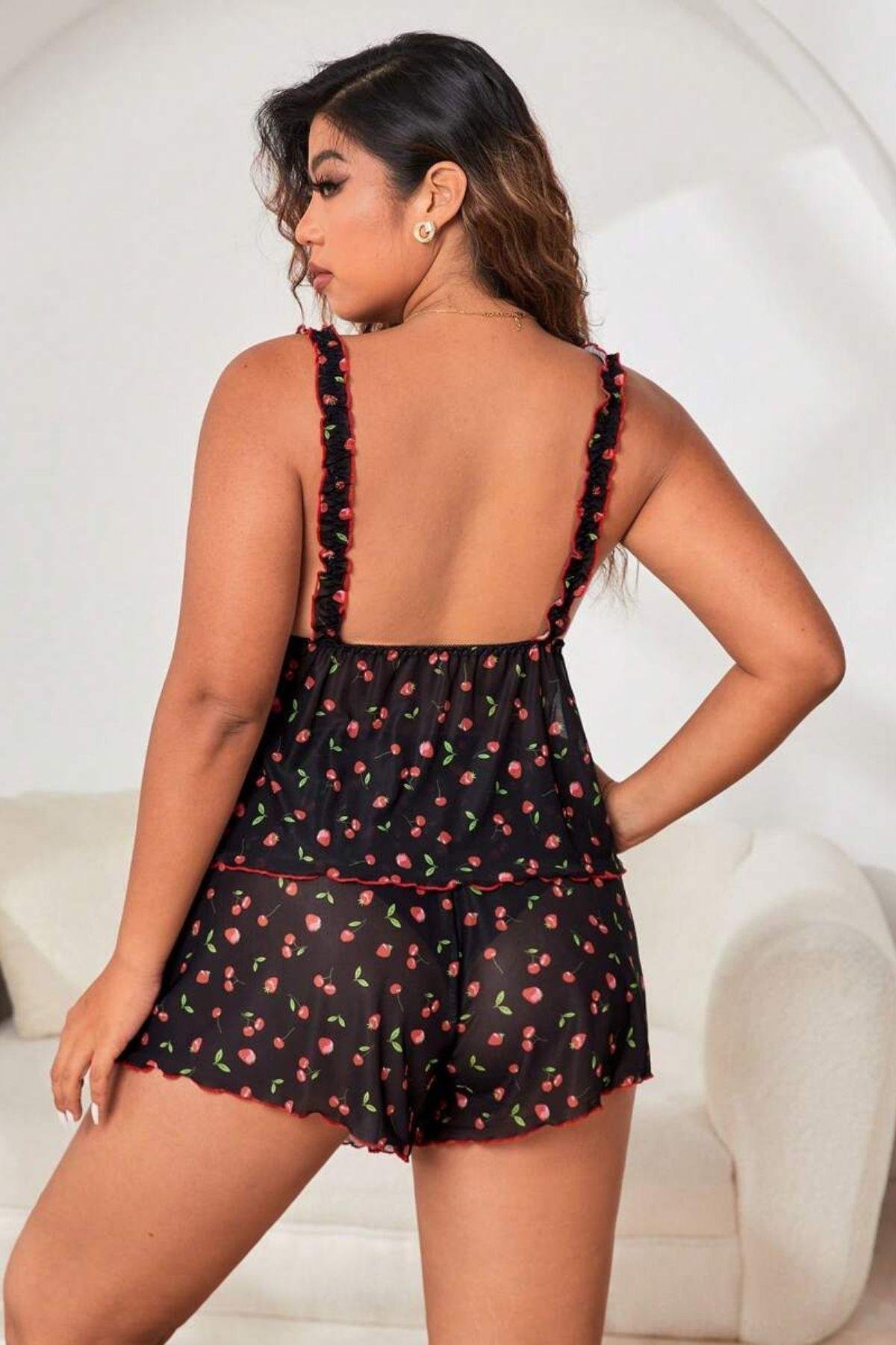 Bella Notte Siyah Büyük Beden Gecenin Kirazları Şort Seti 7542