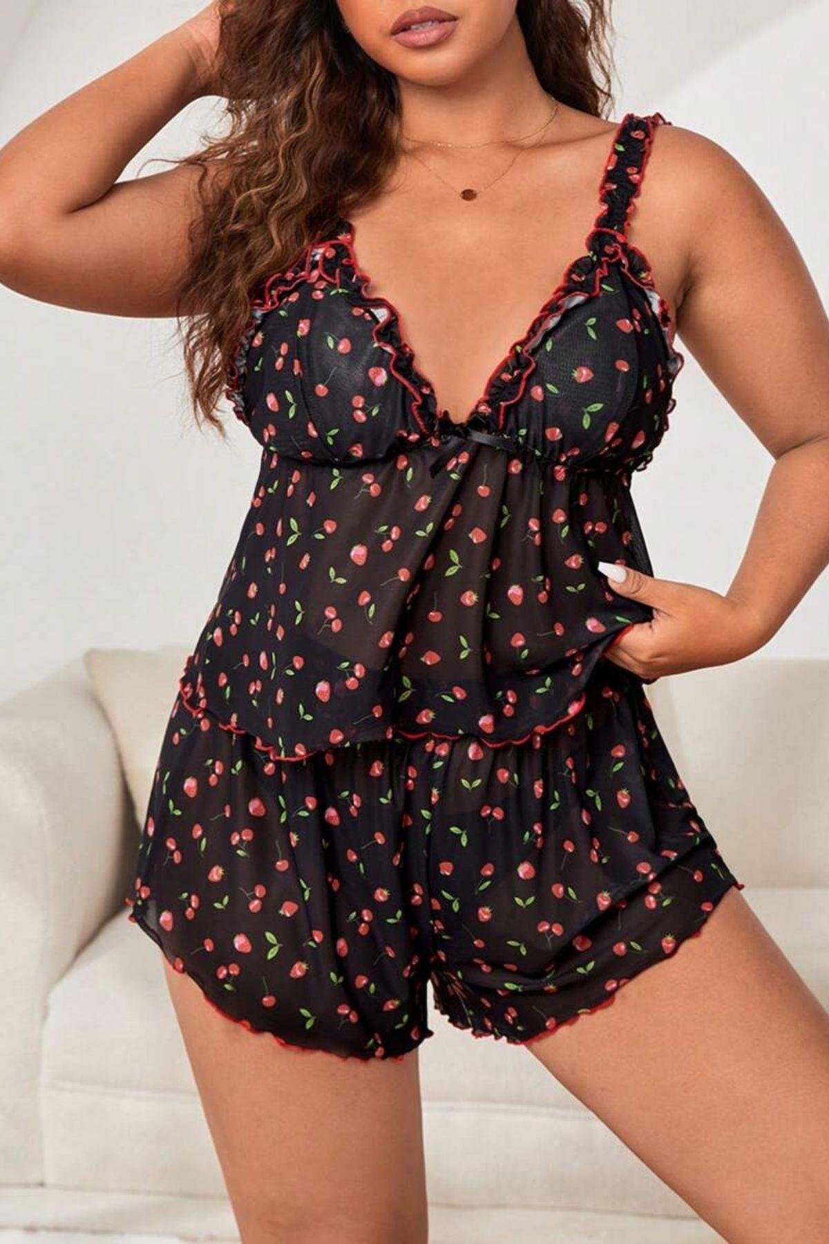 Bella Notte Siyah Büyük Beden Gecenin Kirazları Şort Seti 7542