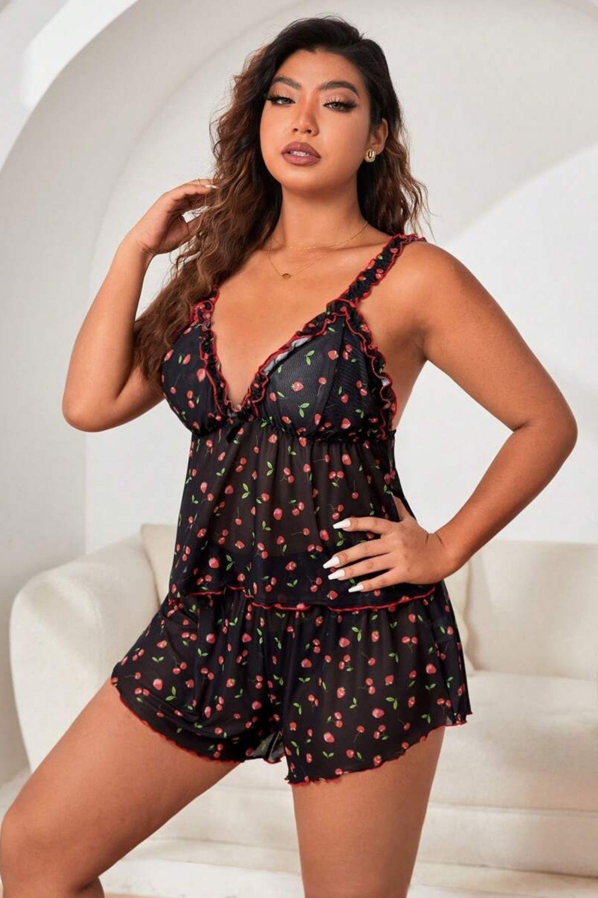 Bella Notte Siyah Büyük Beden Gecenin Kirazları Şort Seti 7542