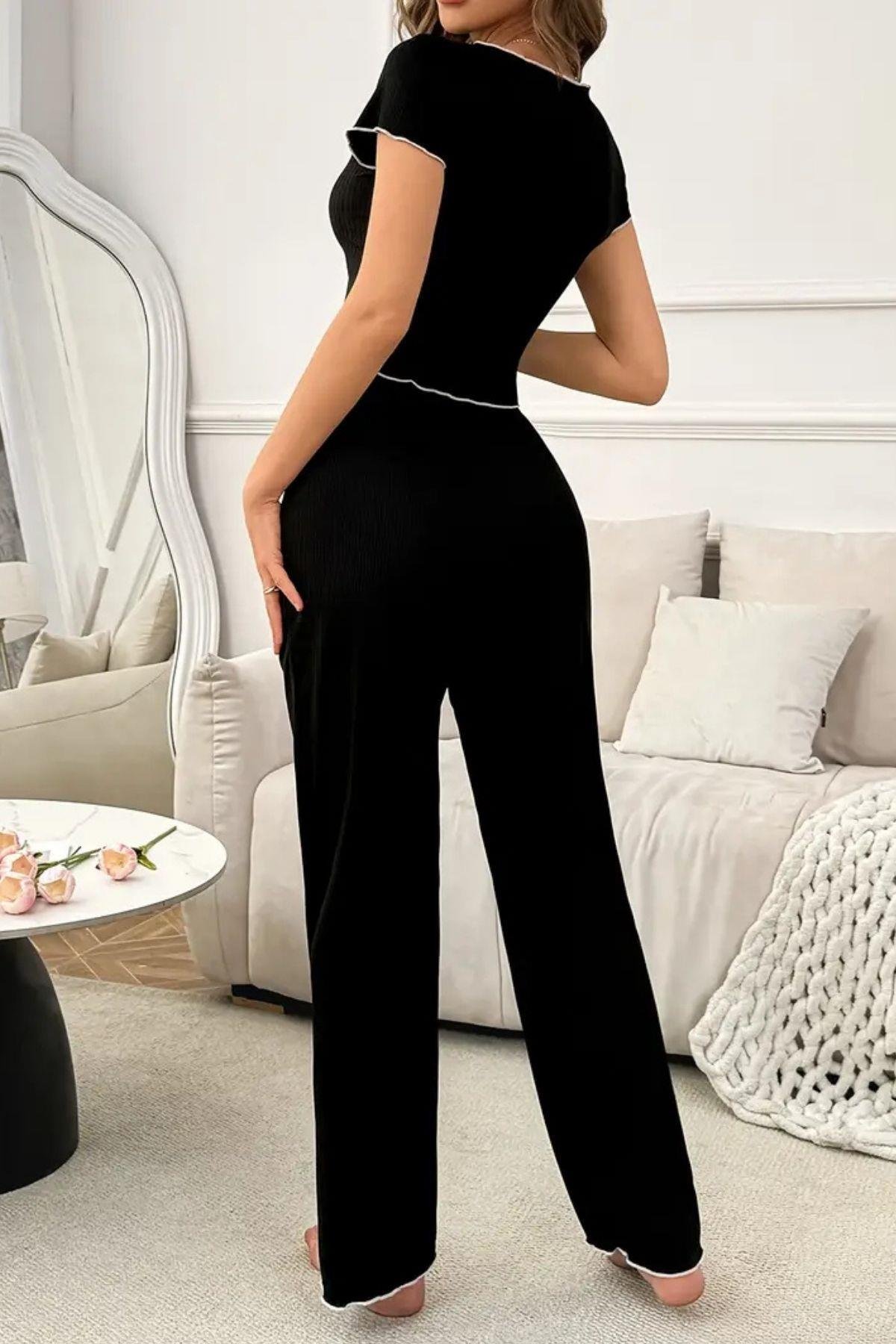 Bella Notte Siyah Dekolte Yaka Crop Model Pijama Takımı 77129