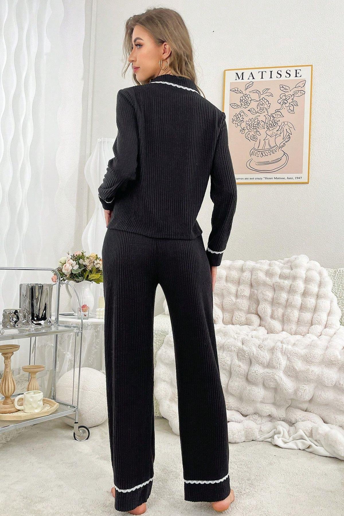Bella Notte Siyah Pamuklu Şık Gömlek Yaka Pijama Takımı 7147