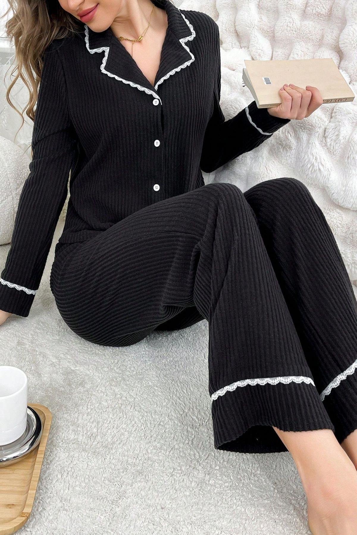 Bella Notte Siyah Pamuklu Şık Gömlek Yaka Pijama Takımı 7147
