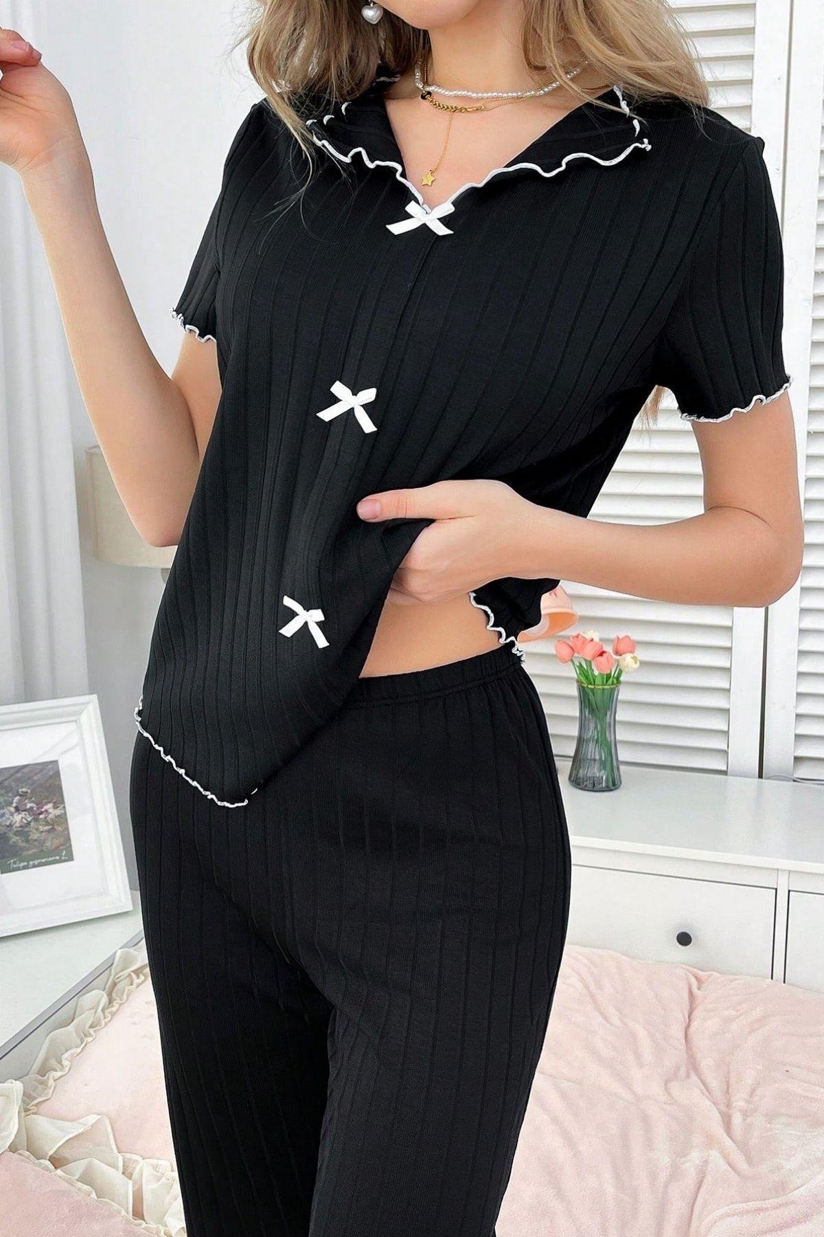 Bella Notte Siyah Rahat ve Şık Siyah Pamuklu Pijama Takımı 7121