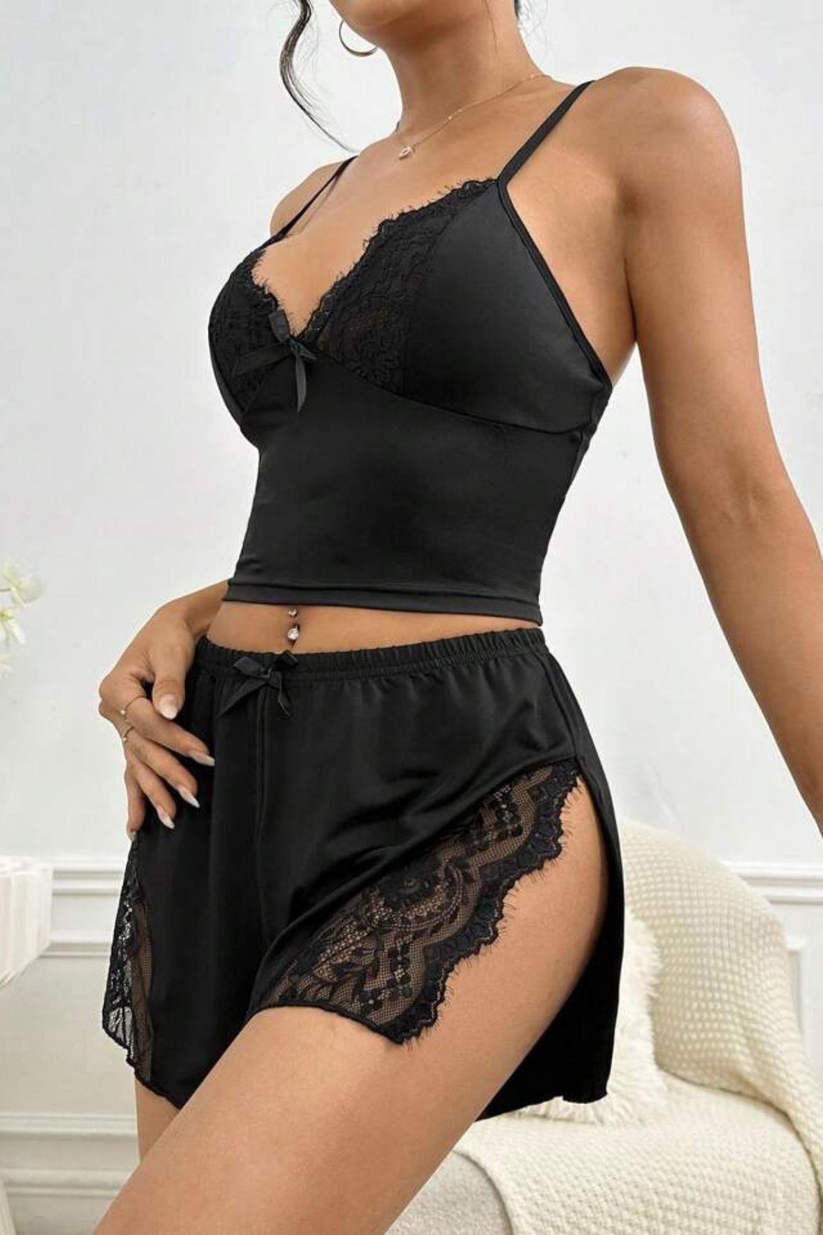 Bella Notte Siyah Yırtmaçlı Şort Takım PR7515