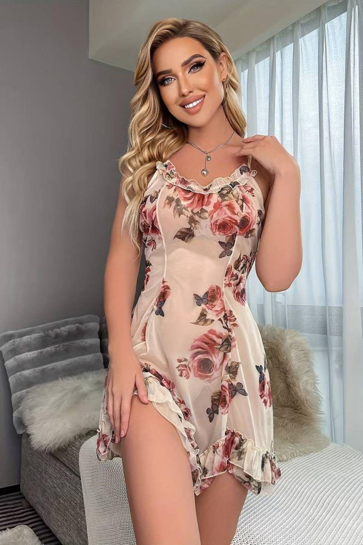 Bella Notte Somon Çiçek Baskılı Mini Gecelik 15704
