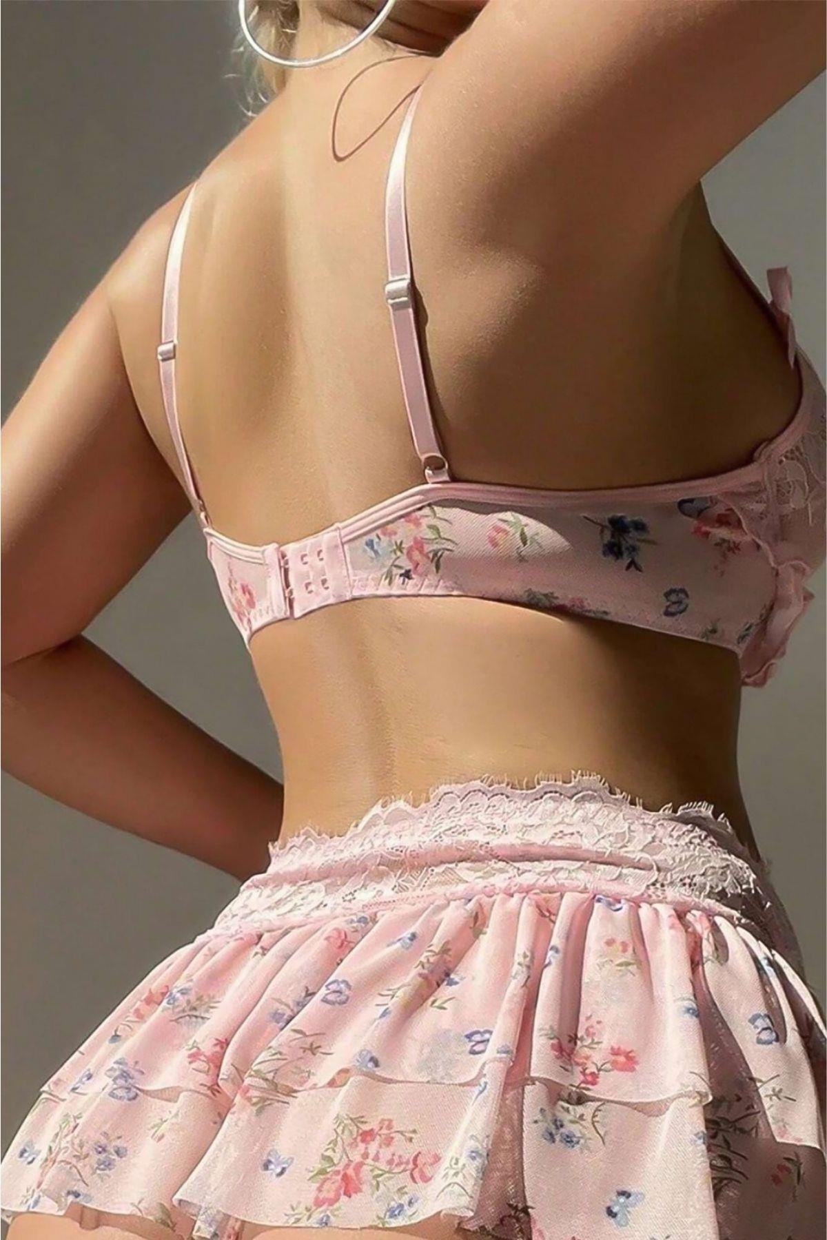 Bella Notte Toz Pembe Çiçek Desenli Etek Sütyen Takım 16525